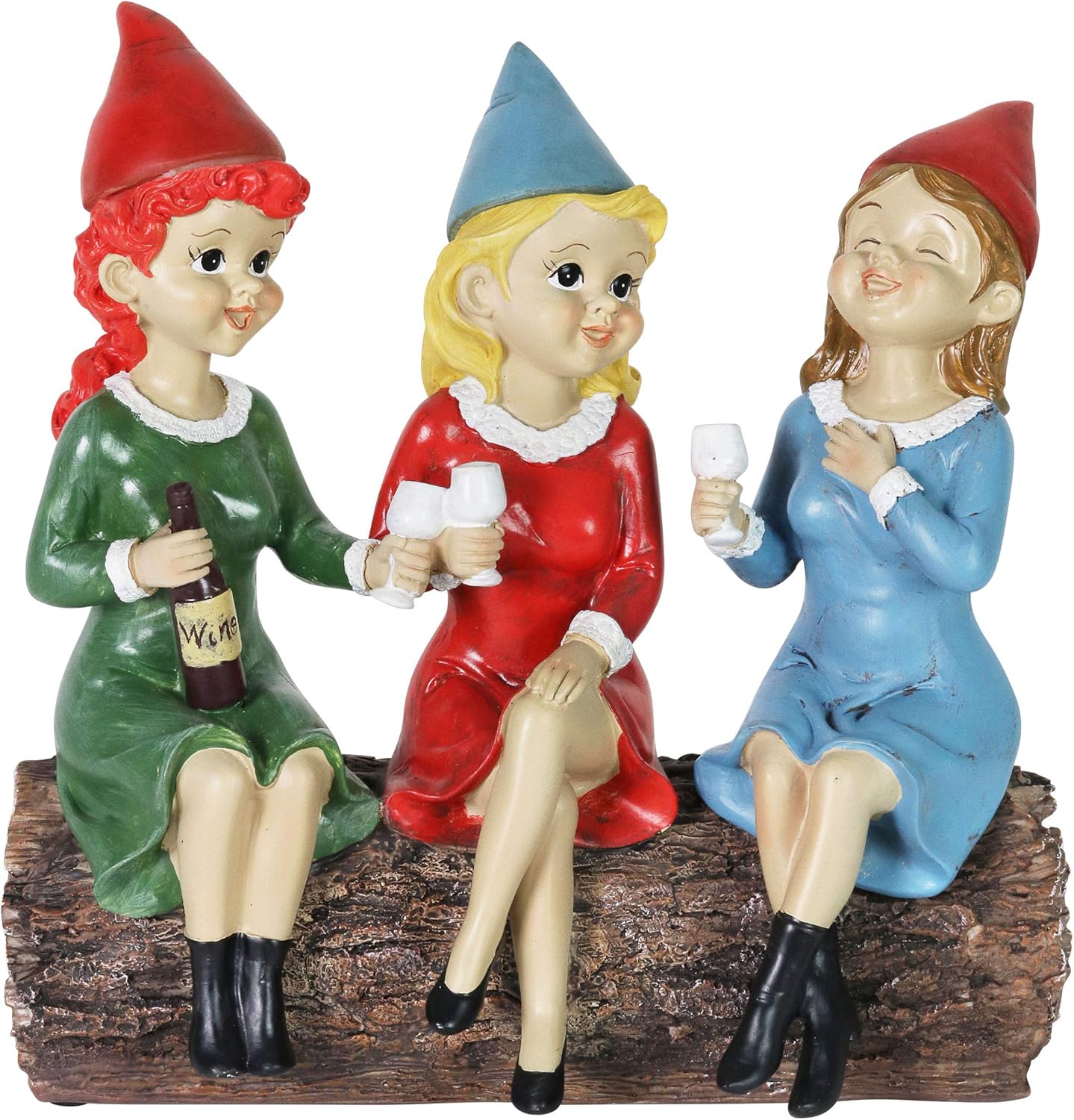 Exhart Garden Gnomes, Girl's Night Wine Drinking Solar Garden Gnome Statue, LED Hats, Outdoor Lawn and Yard Decoration, 5.5 x 10.5 x 9.5 Inch, Multicolor, Resin