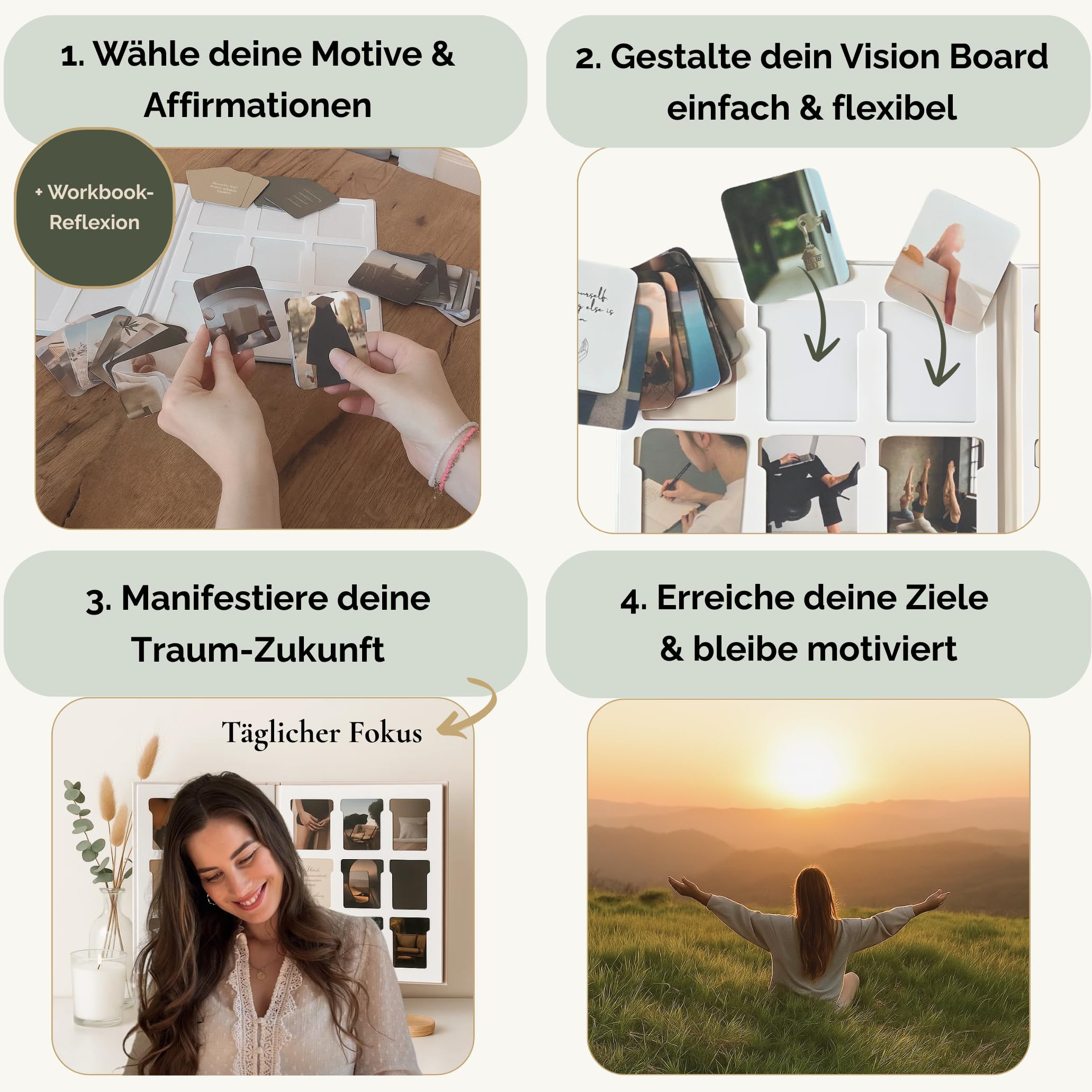 Vision Board Set – 200 Bildkarten & Affirmationen zum Manifestieren – inkl. 24 Seiten Workbook für Ziele, Klarheit & Motivation – Geschenkidee für Frauen