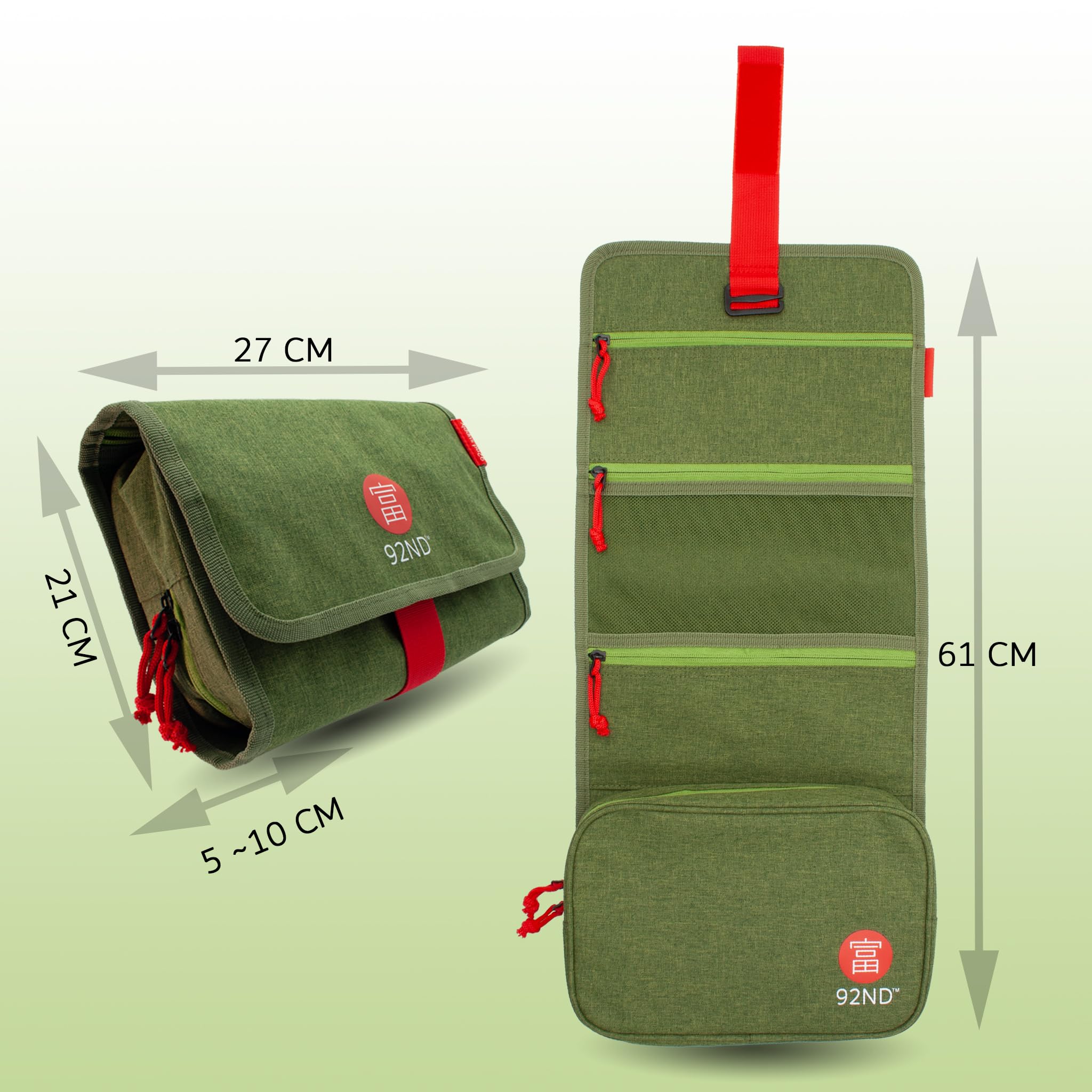 92ND.Supply Washroll - Borsa da toilette da appendere, impermeabile, verde, 4 l, con gancio e scomparto inferiore rimovibile, viaggio e uso quotidiano