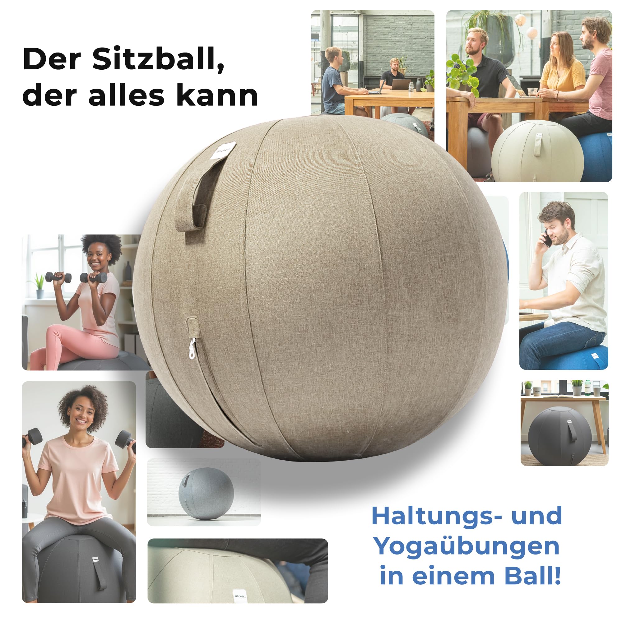 Backerz Sitzball - Ergonomische Sitzmöbel für Büro und Heimbüro - Langlebiger Stoff, Gymnastikball - Fitness-Ball, Ballstuhl mit Ballauflage - Waschbarer Leinenbezug