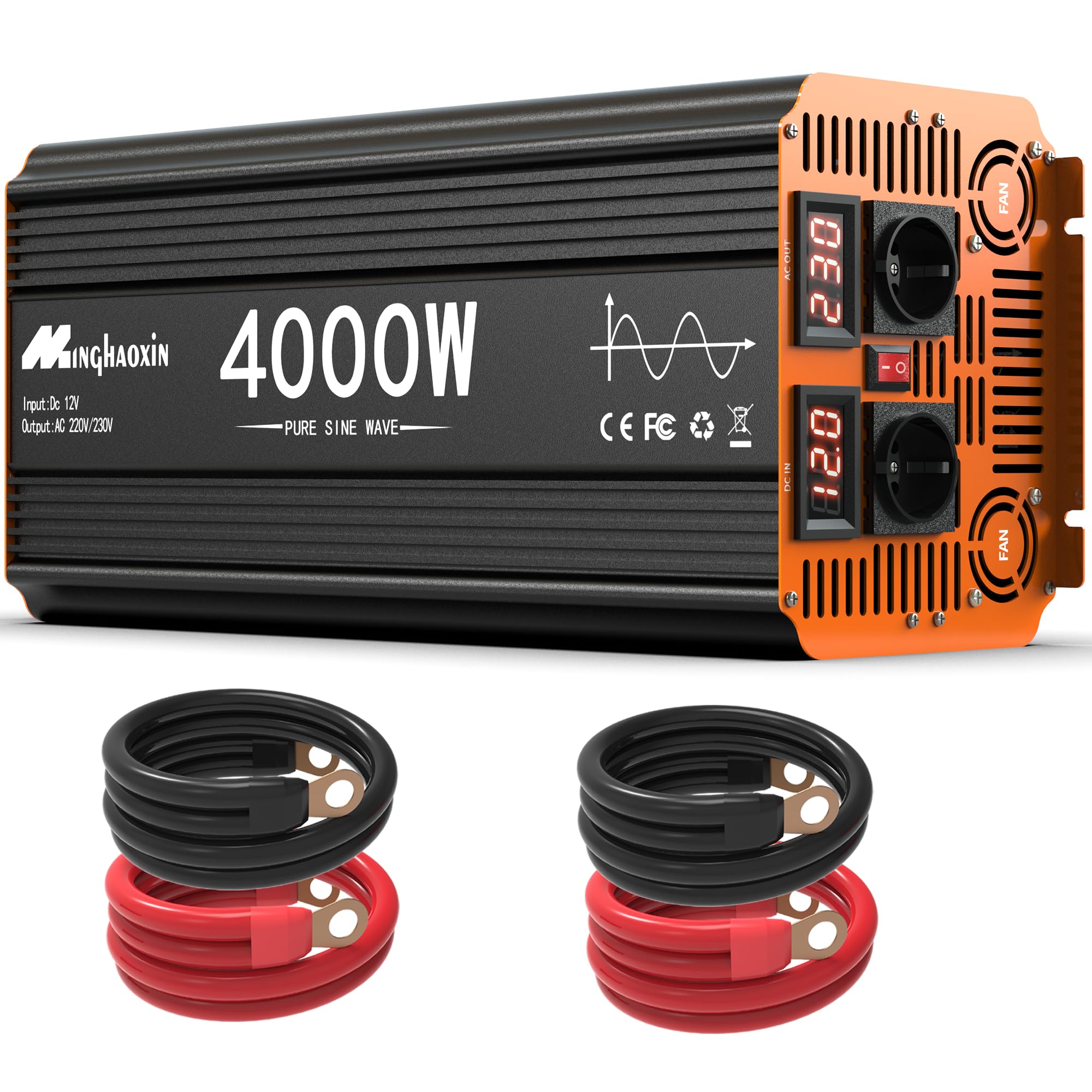 4000W Wechselrichter Reiner Sinus 12V auf 230V KFZ Spannungswandler mit LED AC Steckdosen, Solar Power Inverter für LKW, Haus, Fahrzeuge, Reise 8000W Peak KFZ Konverter