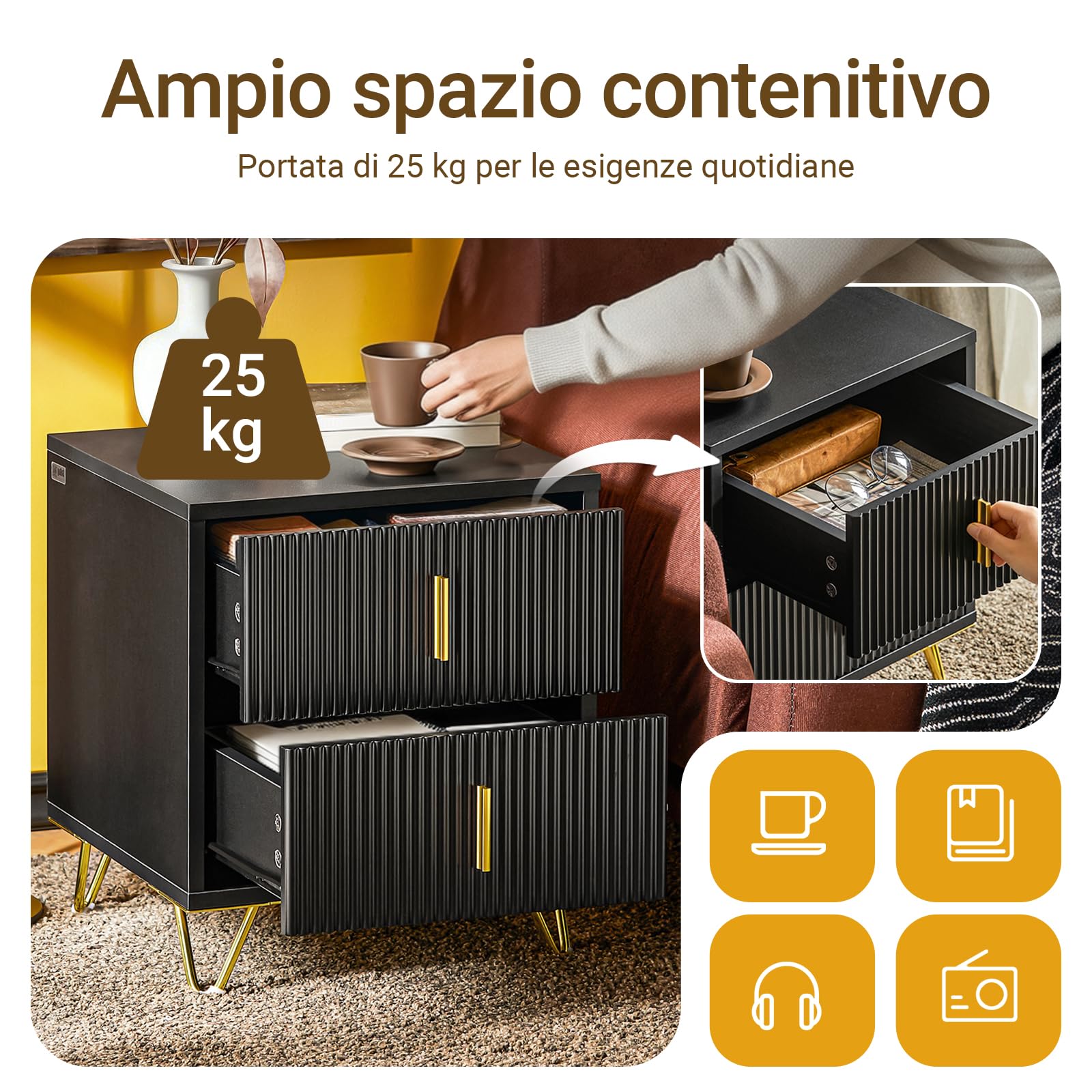 SoBuy set di 2 Comodino camera da letto con 2 cassetti e gambe in metallo dorato, tavolino da letto moderno per camera e soggiorno, Nero, 40x40x47 cm, FBT115-SCHx2