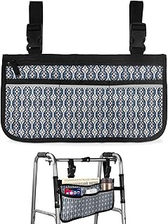 Blue Geometry Stripes,Wheelchair Side Bag,Wheelchair Walker Armrest Bags with Cup Holder & Reflective Stripes,Mobility Scooter Walker Rollator Wheelchair Accessories Casual Modern Abstract Minimalist