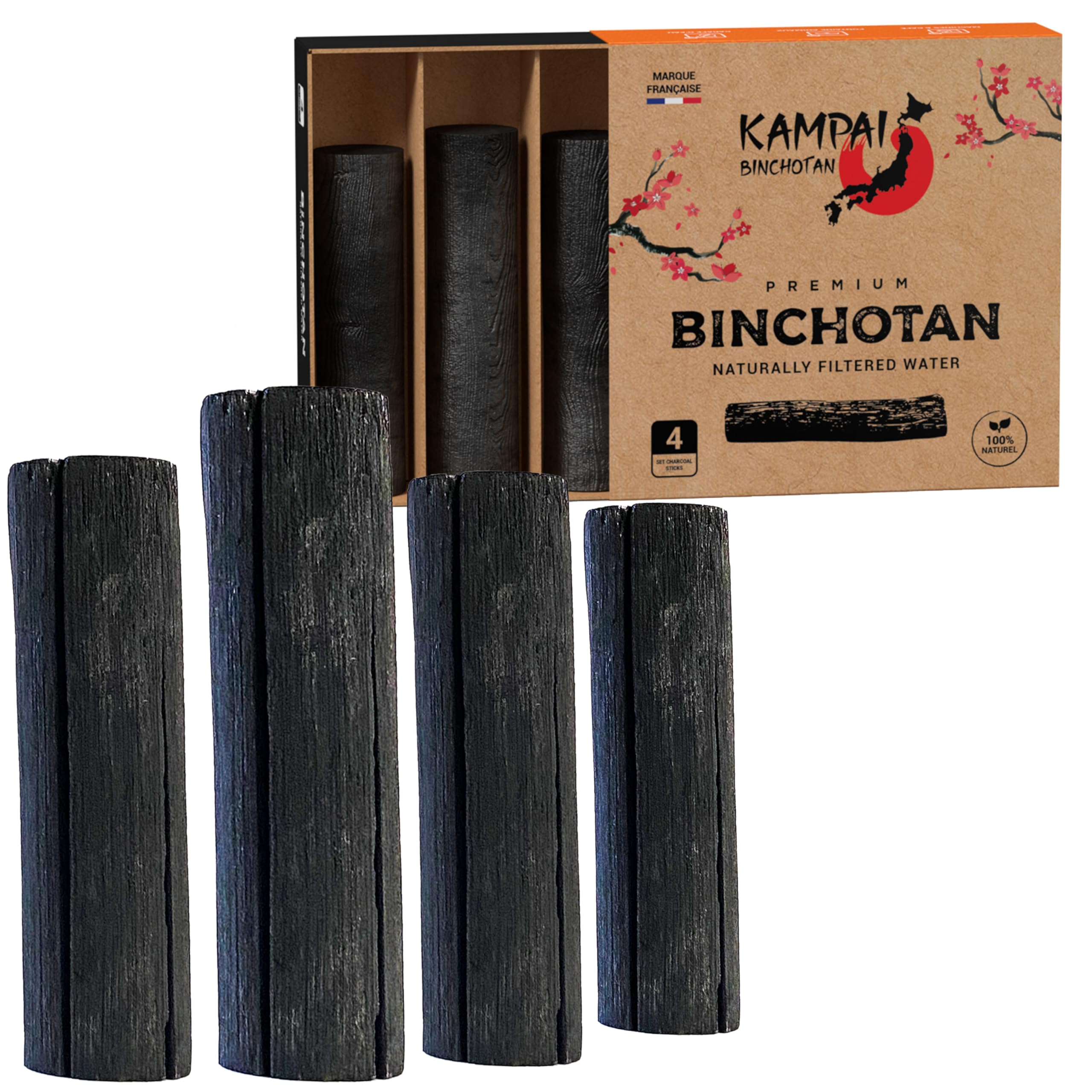 KAMPAI Aktivkohle für Wasser, 4 Stück, Filter 2,5-3 l, Binchotan, pflanzlicher Bio-Luftreiniger, Nachfüllkaraffe, Reinigung von Wasserhahn