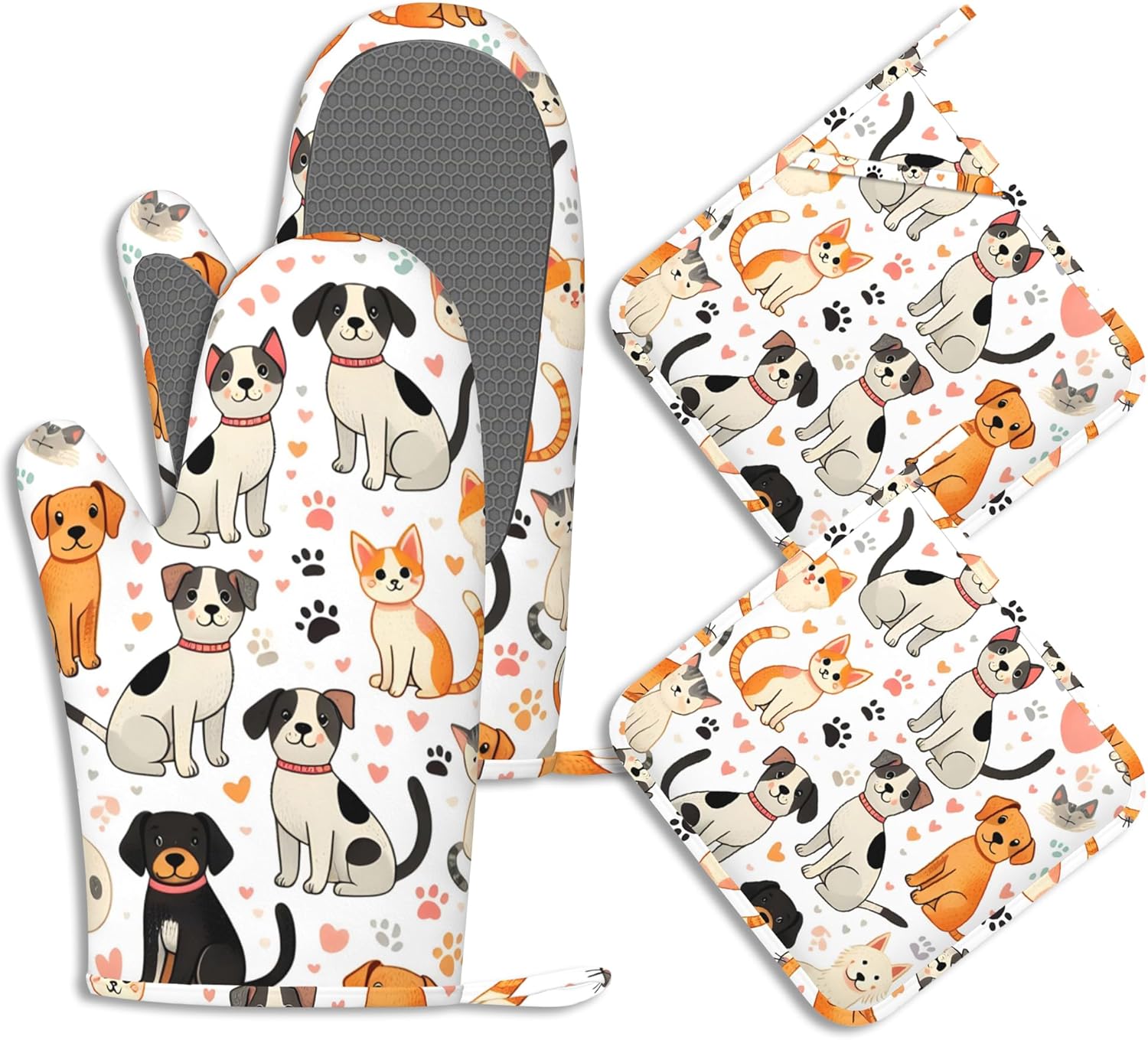 Cute Cats Dogs Potholders & Oven Mitts Sets Animal Paws Print Silicone Heat Resistant Oven Mits and Hot Pads Non-Slip Pot Holders Gloves for Kitchen Chef Cooking Baking Grilling BBQ