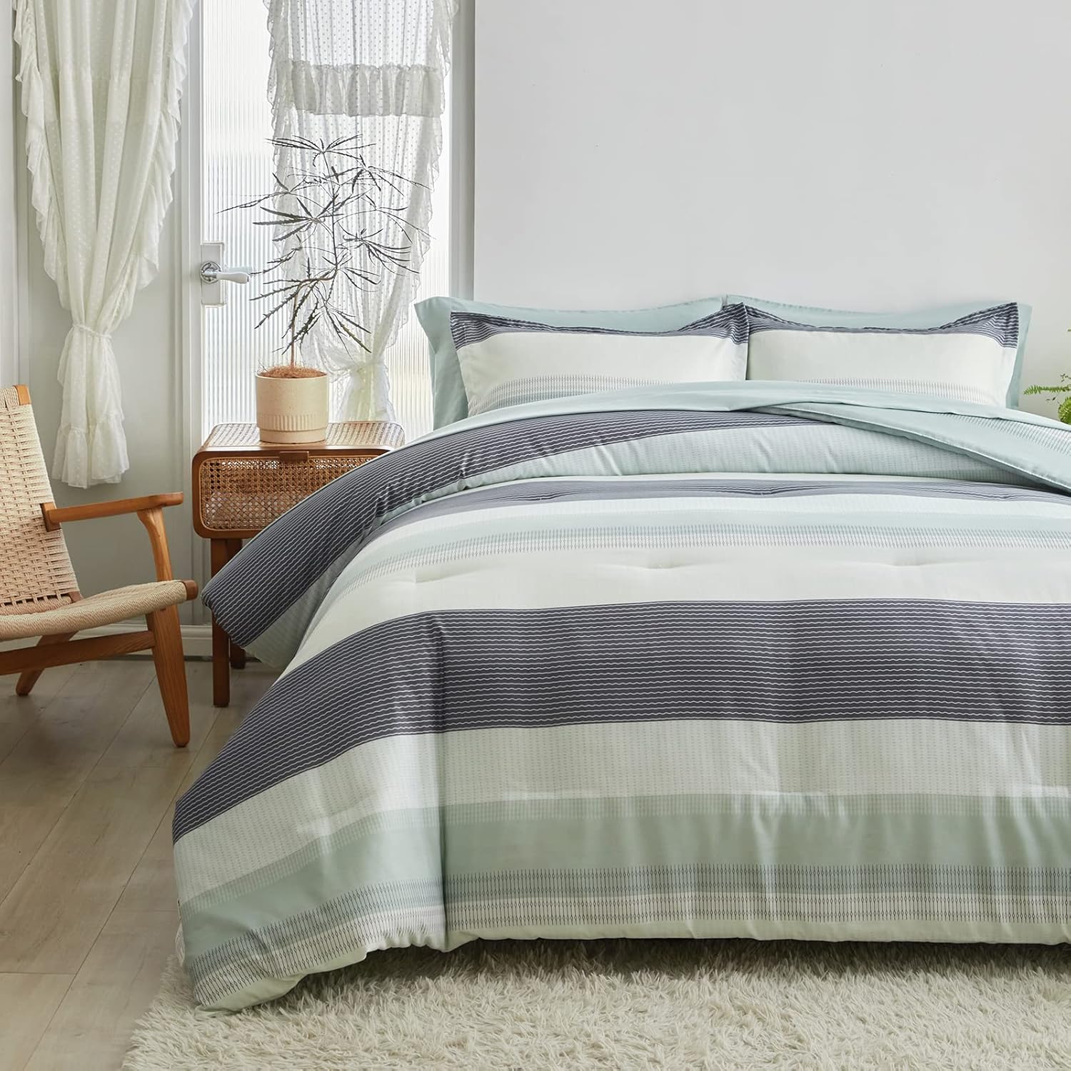 Flysheep 3 Pcs Boho Comforter Set Full Full/Queen Size, Sage Green White and Grey Striped Printed Soft Microfiber Reversible Bedding Set for All Season