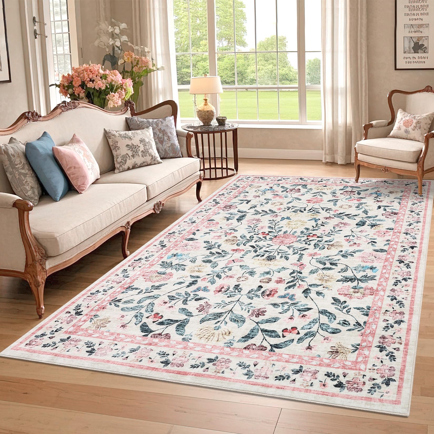 GarveeHome Washable Rug 6 x 9, Low Pile Farmhouse Floral Rug, Non-Shedding Indoor Foldable Printed Carpet Non-Slip Soft Vintage Throw for Bedroom