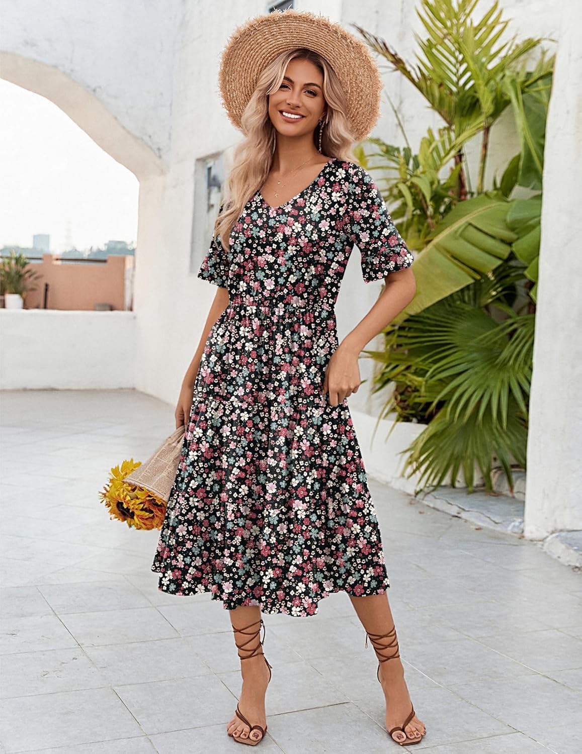 ZEAGOO Women's Summer Dresses Midi Tiered Casual Dress Floral V Neck Ruffle Short Sleeve Flowy Beach Dress with Pockets - Image 4