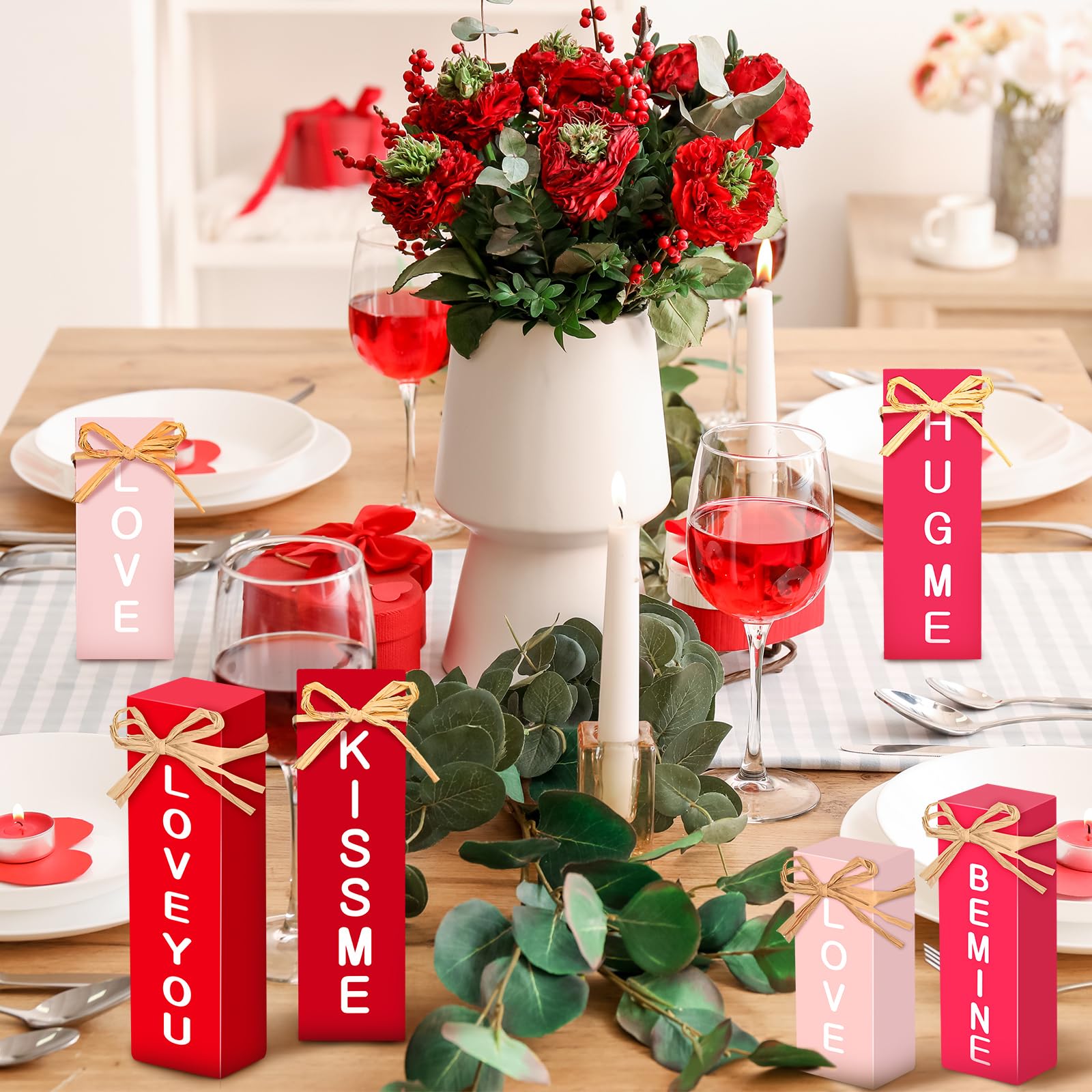 3-teiliges Valentinstag Holz-Deko Set - Rustikale Tischdekoration Mit Herz & Schleife