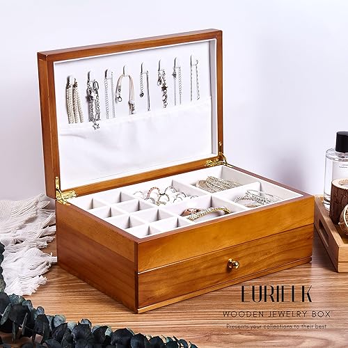 Miniatura 2 de Joyero de madera con cajón, madera maciza natural real de tamaño mediano, organizador vintage de 2 capas con almacenamiento de aretes