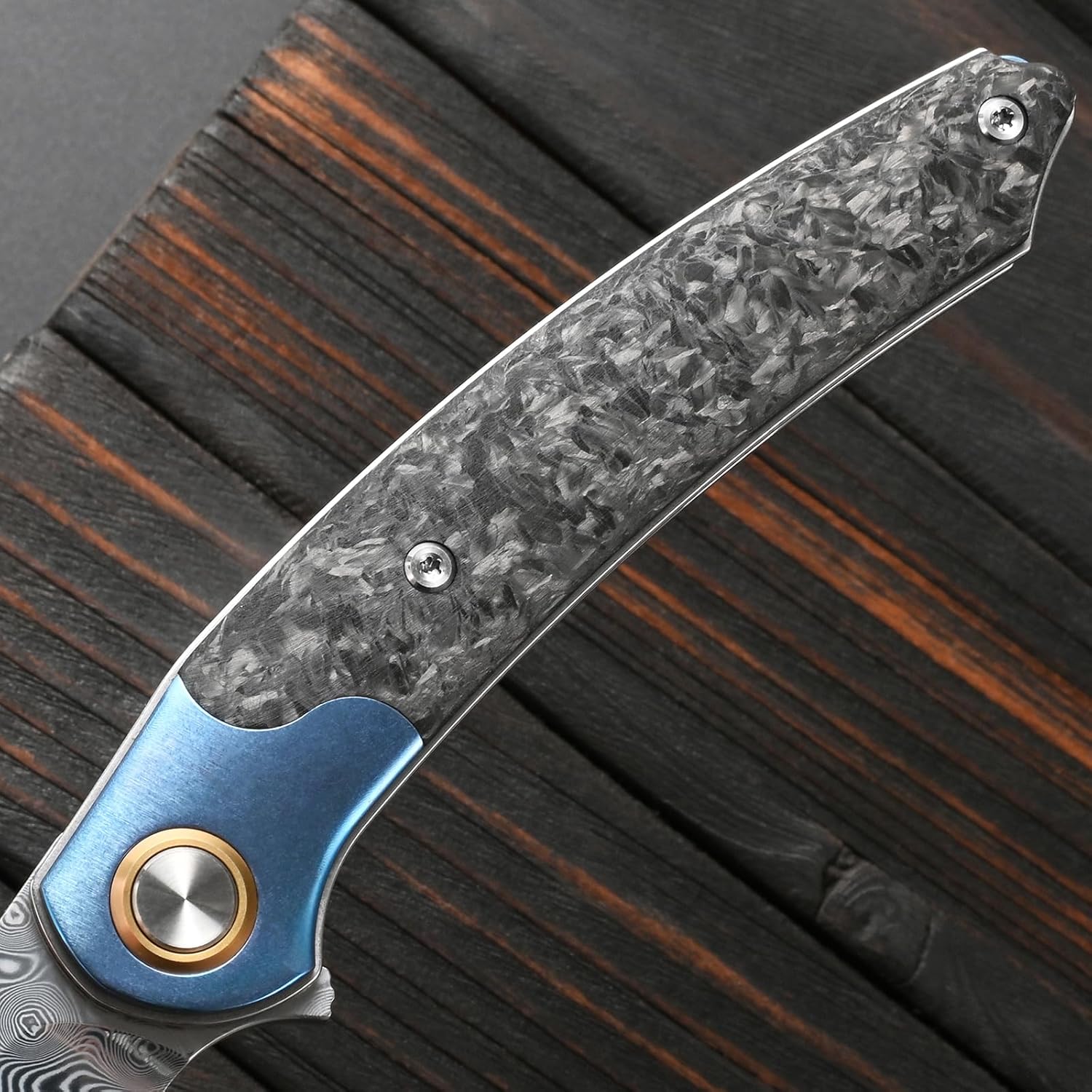 Sitivien ST241 Folding Knife, Damascus Steel Titanium and Carbon Fiber Handle with Ball Bearing for Outdoor Camping Hiking Survival (Blue)