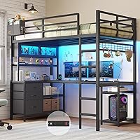 Mojiasion Twin Loft Bed with L-Shaped Gaming Desk, Storage Drawers, Glass Cabinet, LED Lights & Charging Station for Kids/Teens