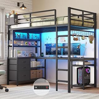 Mojiasion Twin Loft Bed with L-Shaped Gaming Desk, Storage Drawers, Glass Cabinet, LED Lights & Charging Station for Kids/Teens