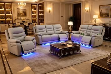 A Ainehome LED Power Recliner Sofa for Living Room Furniture Set, Leather Sectional Sofa Set, Reclining Sofa and loveseat with USB Port/Storage Console/Cup HoldersGrey 3-piece Set