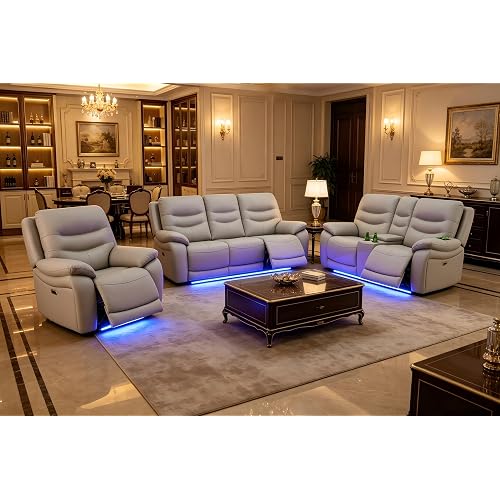 A Ainehome LED Power Recliner Sofa for Living Room Furniture Set, Leather Sectional Sofa Set, Reclining Sofa and loveseat with USB Port/Storage Console/Cup Holders(Grey 3-piece Set)