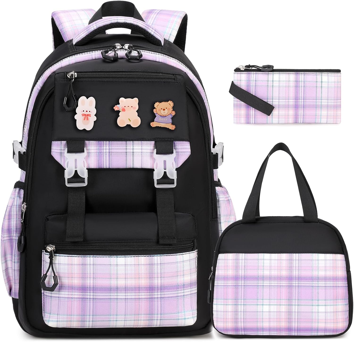 3PCS School Backpack for Girls, Girls Backpack with Lunch Box, Pencil Case, Cute Kawaii Plaid Book Bag for Teen Girl Kindergarten Elementary Preschool Middle High School