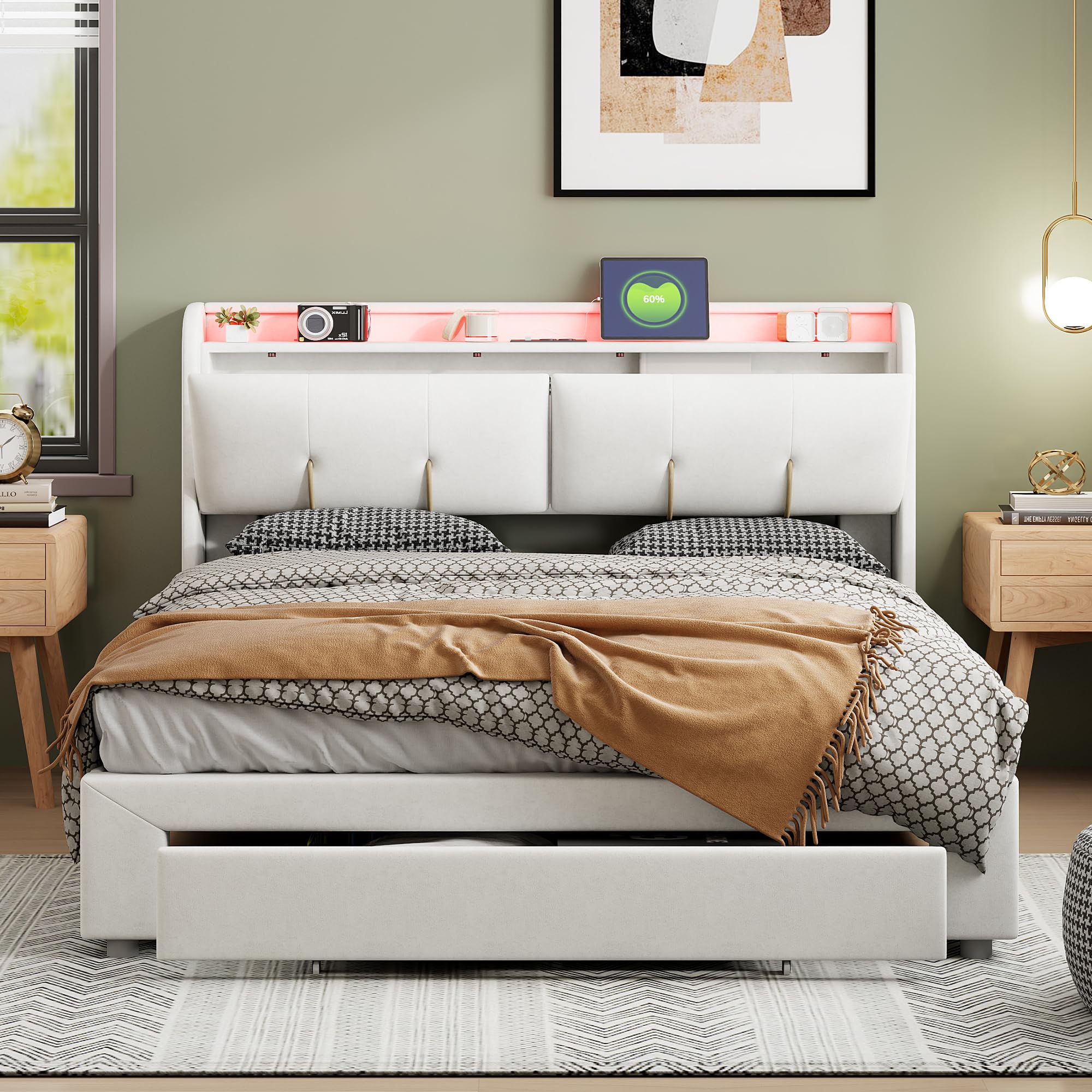 Ravas Polsterbett mit USB Type C Ladefunktion, Stauraumkopfteil und LED-Beleuchtung und Schubladen, Doppelbett 140x200 Große Stauraumbetten Bettgestell mit Lattenrost aus Holzrahmen