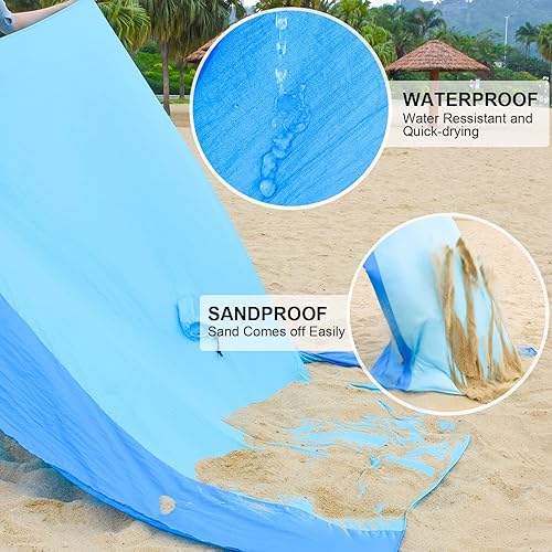 Miniatura 5 de Manta de playa con agujero para paraguas, manta de playa grande impermeable a prueba de arena, cómoda alfombrilla de playa de nailon ligera con 4