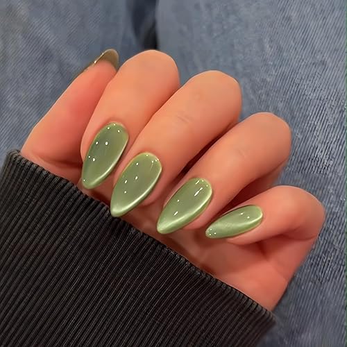 KQueenest Cat Eye Sage Green Press on Nails Almond Shape,