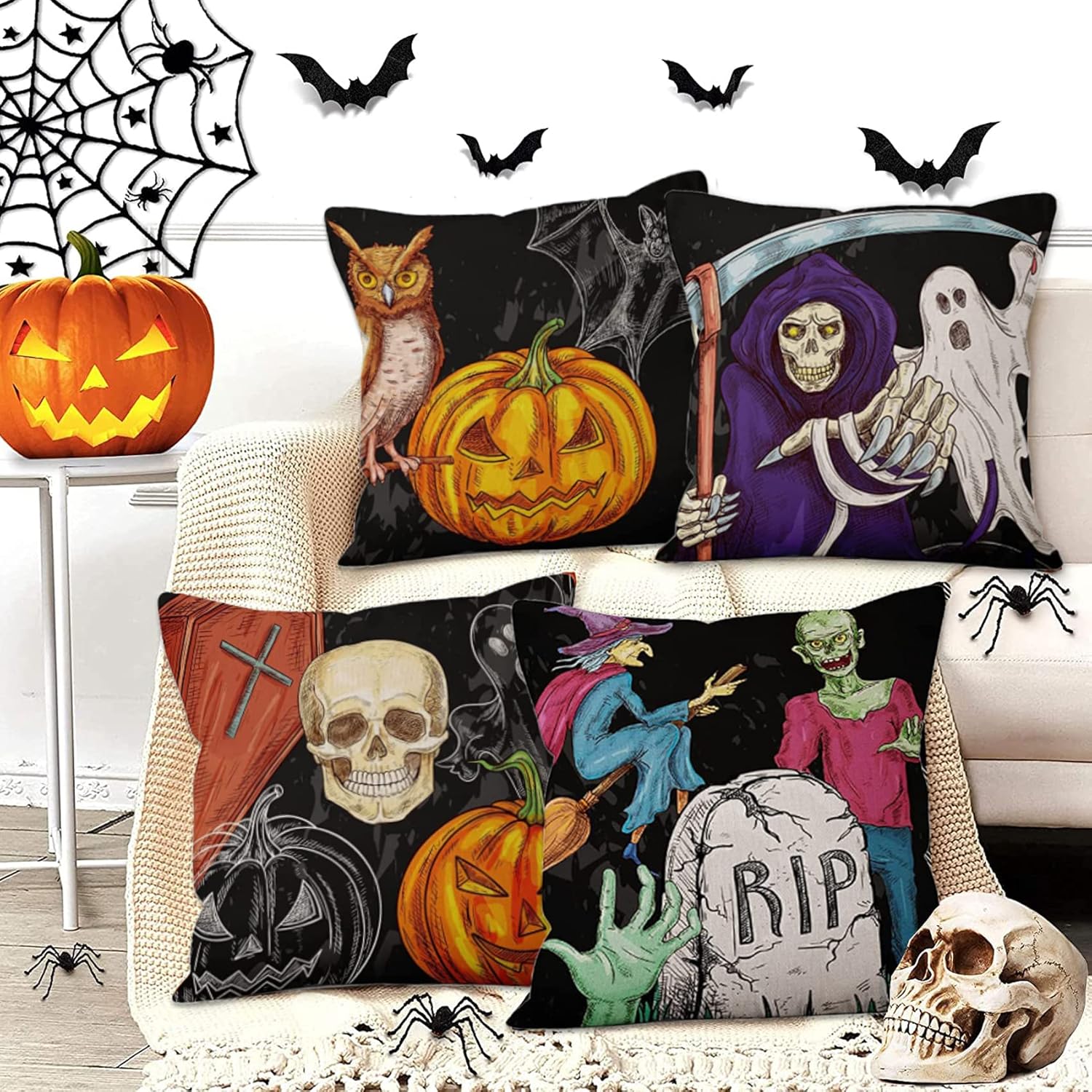 Halloween Throw Pillow Covers Set of 4 16x16 inch, Ghost