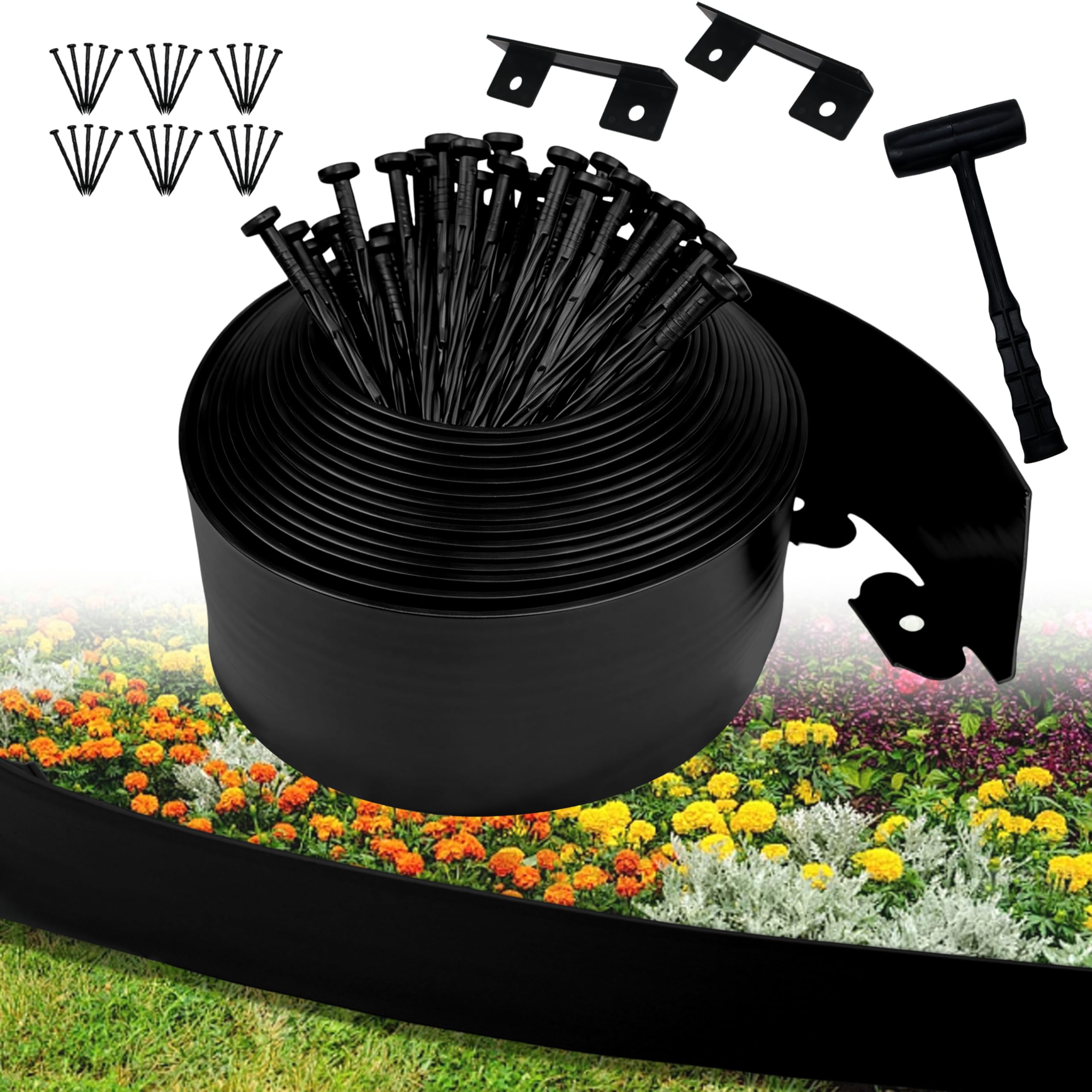 Bordure de Jardin Flexible 10cm,Longueur 10m,Bordure Jardin Exterieur Plastique,avec 30 piquets et 2 connecteurs + 1 Marteau (Bord Lisse, 10cmx10m)