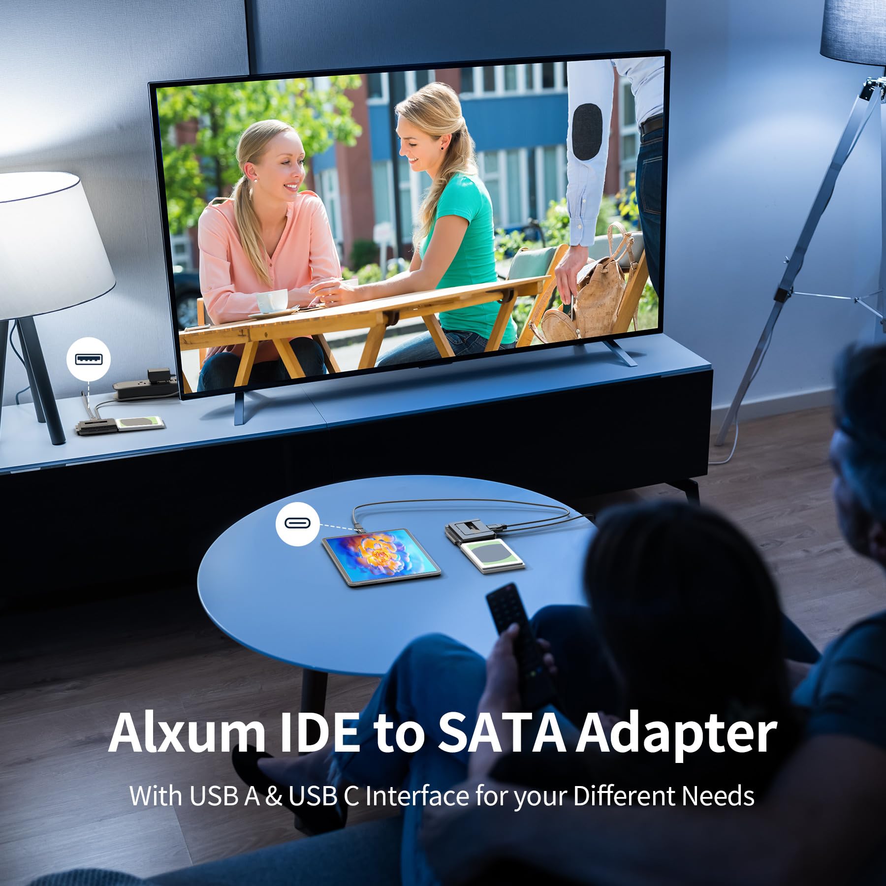 Alxum IDE do SATA Adapter Cable, Zewnętrzny czytnik dysku twardego dla 2,5/3,5 cala IDE HDD i SATA III HDD/SSD, z kablem USB C z A Adapter i 12V/2A zasilacz