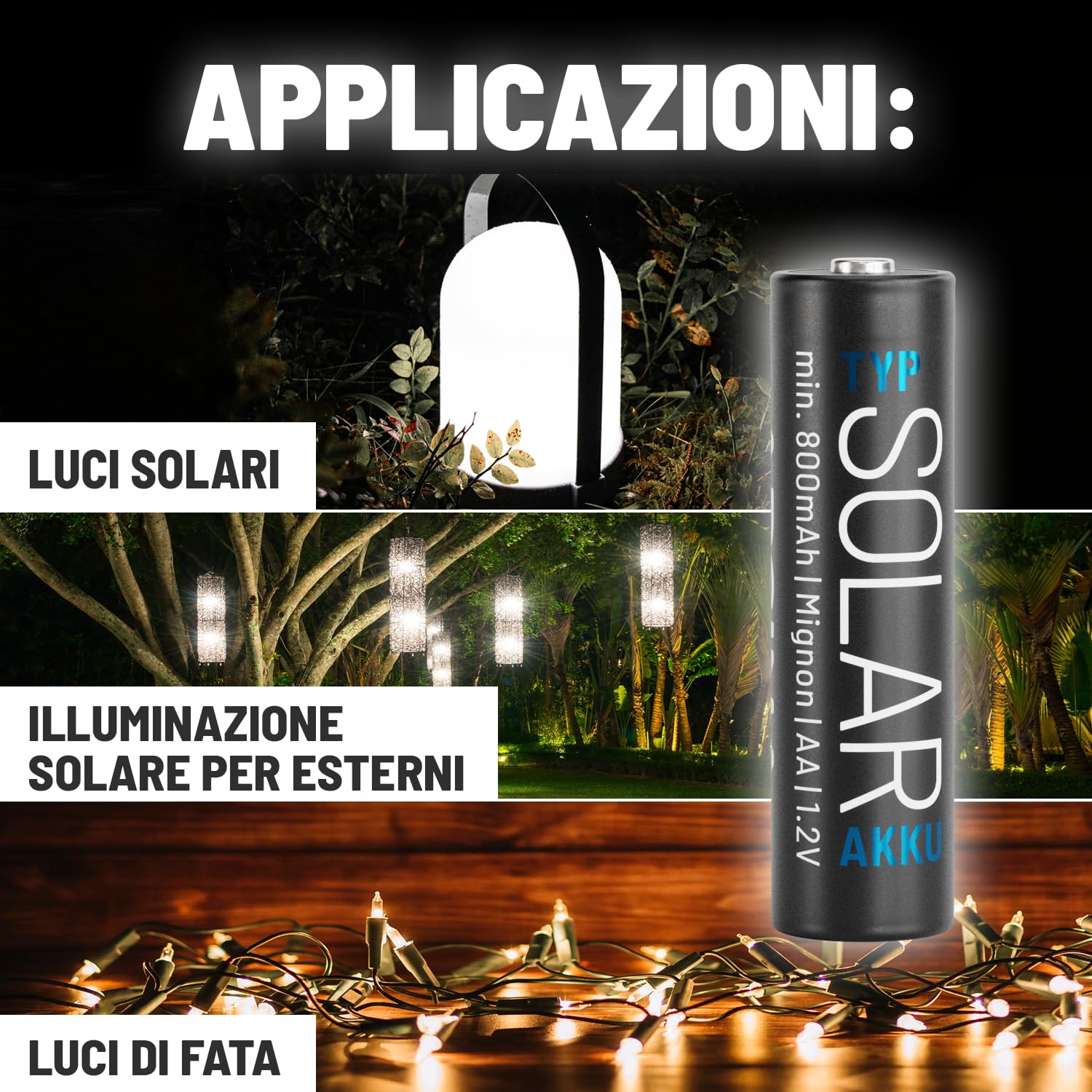 ABSINA 4x Batterie solari AA ricaricabili 800mAh 1.2V NiMH - Batterie per solare - Batterie ricaricabili AA a bassa autoscarica - Batteria solare, batteria per lampada, pile ricaricabili