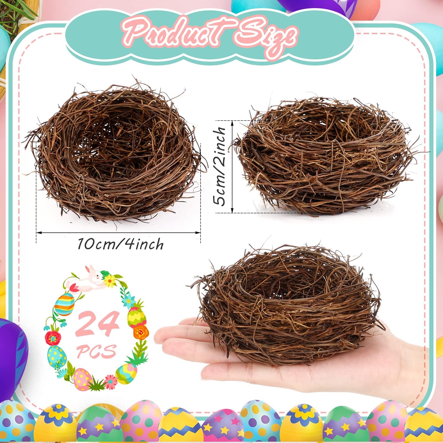Gerrii 24 Pcs Artificial Bird Nests for Crafts Mini Faux Rattan Bird Nest Decoration for Easter Home Decor Fairy Garden Accessories Terrarium DIY Craft Supplies Wedding Table Centerpieces (4 Inch)