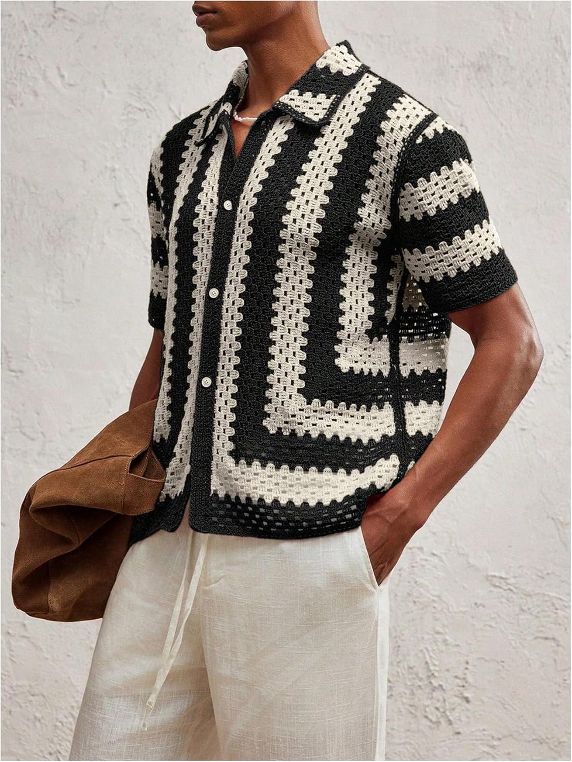 Men's Striped Knit Shirts Short Sleeve Button Down Shirt Crochet Hollow Out Summer Beach Top Vintage Vacation Wear - Image 5