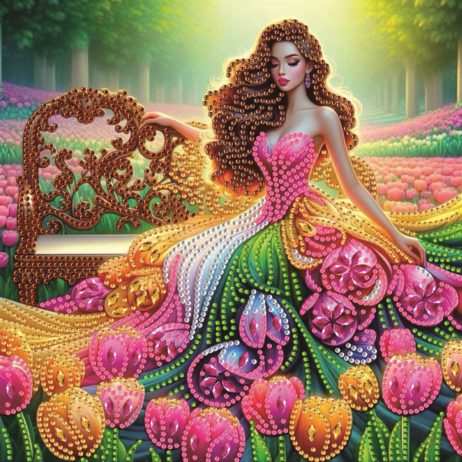 Tulip Garden Beaded Lady Special Shaped 5D DIY Partial Drill Diamond Painting Kits for Adults Beginners Home Decor Diamonds Dots Gem Art Kits Diamond Dots Paintings 11.81 X11.81inch