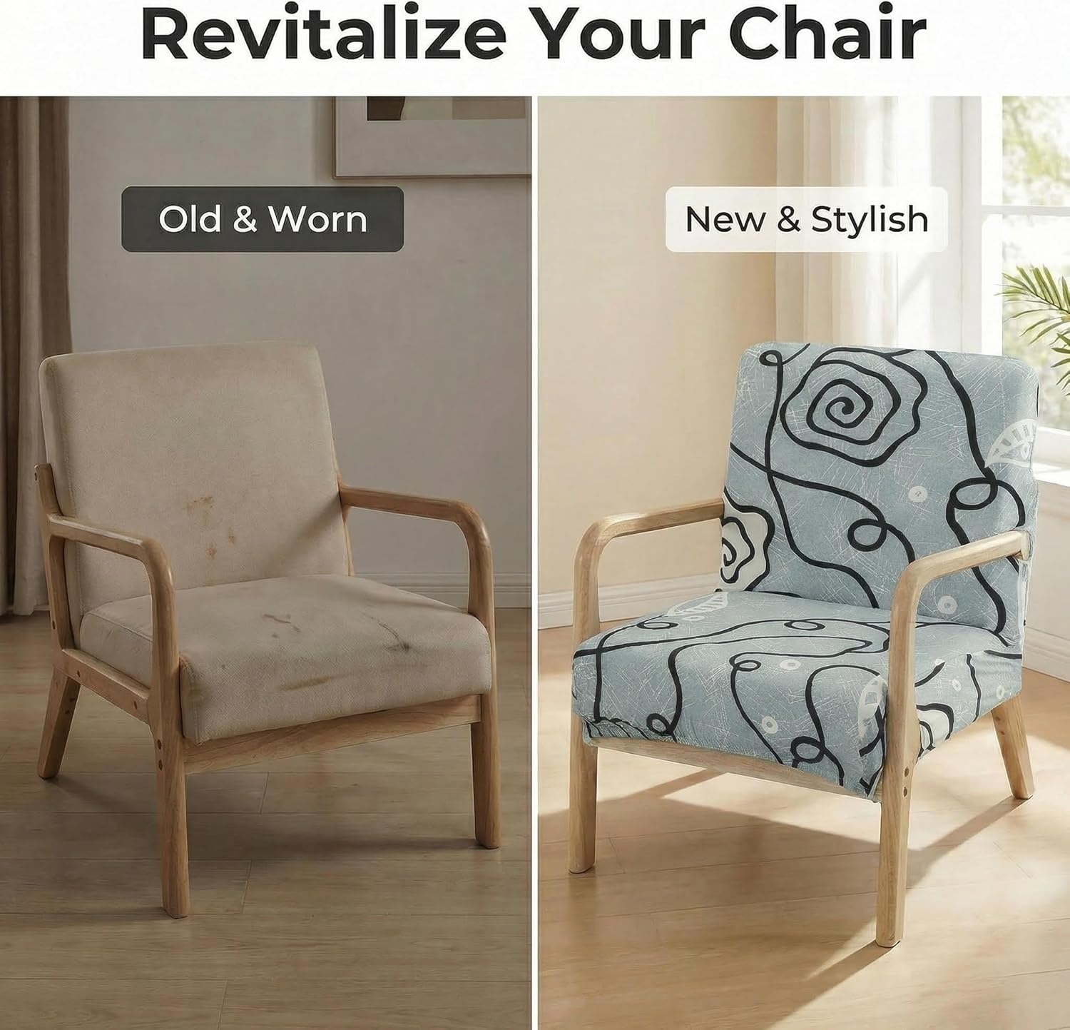 Deisy Dee Printed Mid-Century Modern Chair Cover, Stretch Reading Armchair Covers, Upholstered Living Room Chair Covers (Rose)