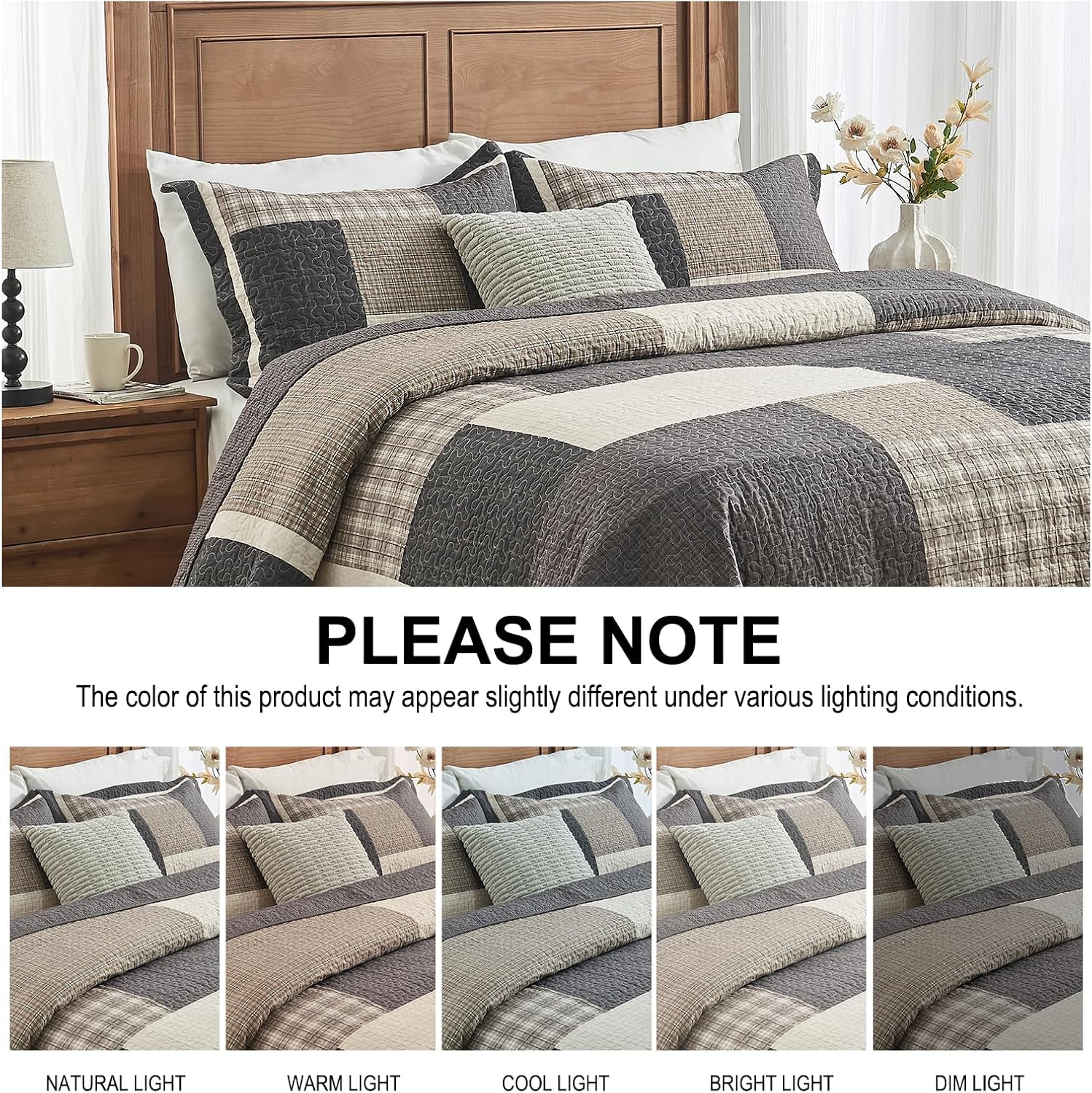 100% Cotton Queen Quilt Set, Queen Bedspreads with Pillow Shams, Farmhouse Plaid Patchwork, Lightweight Soft Quilted Comforter Bedding Set, 3 Piece, Beige/Gray/Brown-Green - Image 6