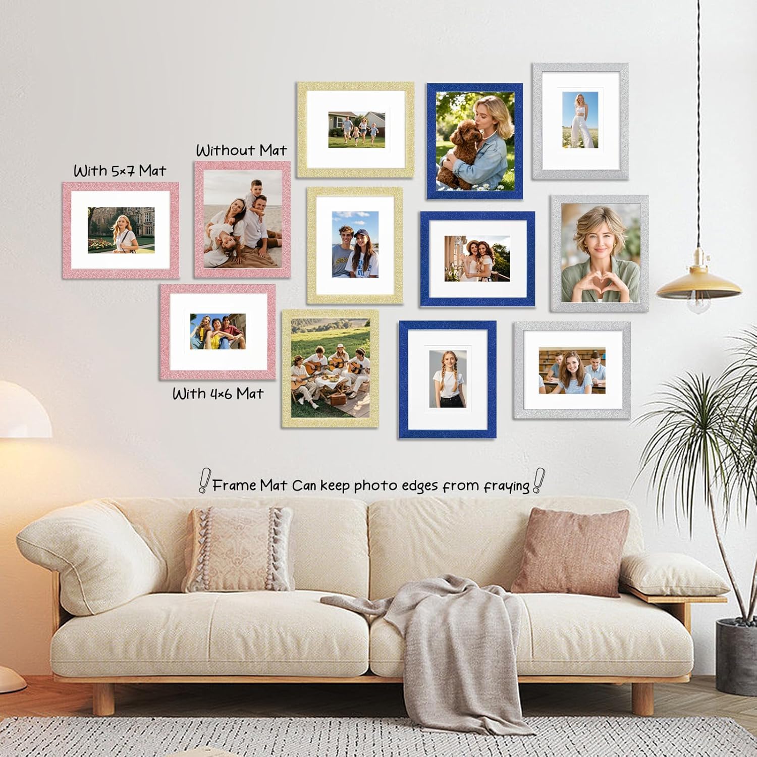 8x10 Pink Glitter Picture Frame Set of 3, Decorative Sparkling Photo Frame with 5x7/4x6 Mat for Tabletop or Wall Display, Poster Frame with Solid Wood and Real Glass, Scandinavian Style Home Decor