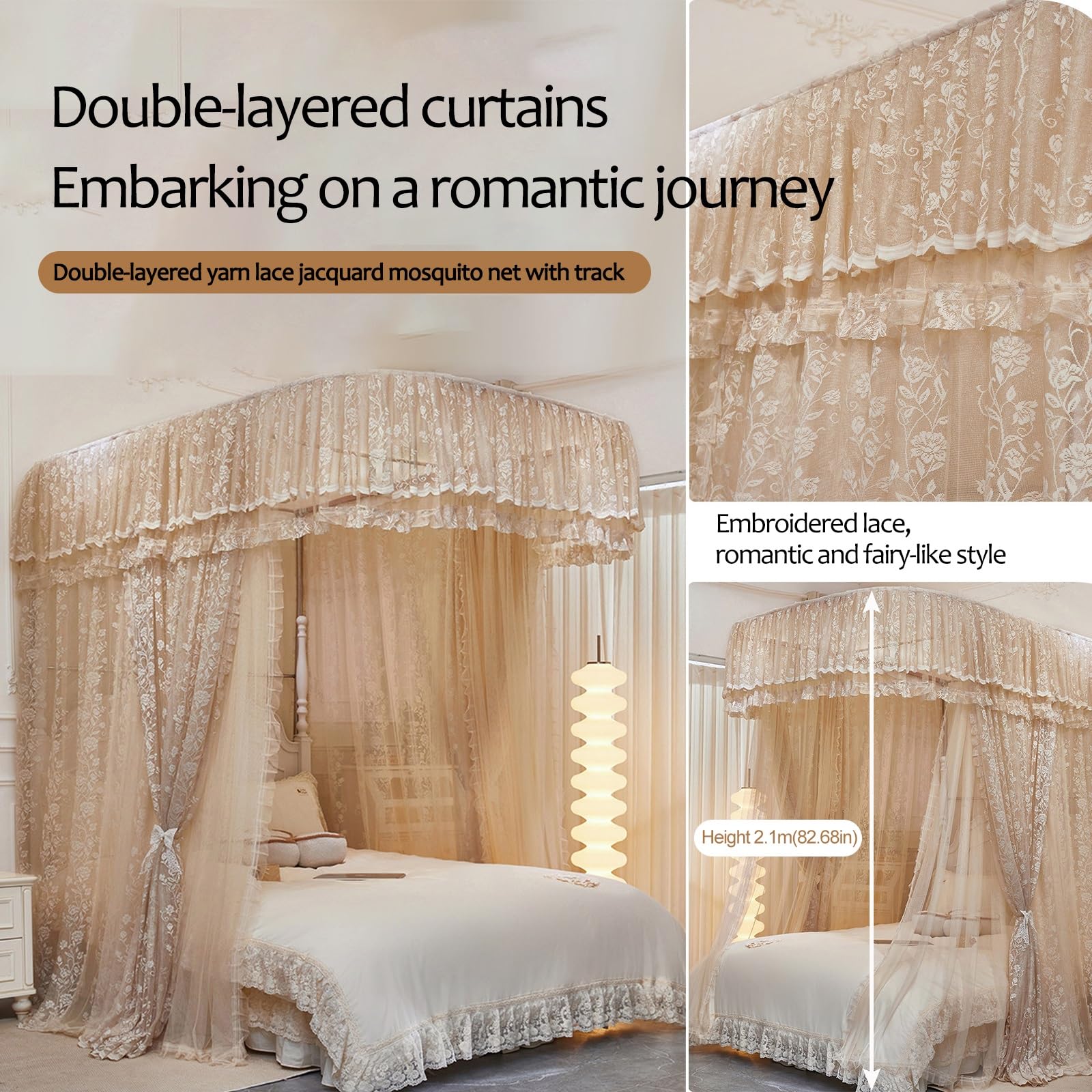SARKEY Luxuriöses Bettmarkisennetz,4-Pfosten Prinzessinnen Betthimmel,Prinzessinnen-Betthimmel Mit Führungsschiene,Für Hochzeit,Schlafzimmer,Kinderzimmer,Dekoration(PK,150x200x210cm(59"x79"x83"))