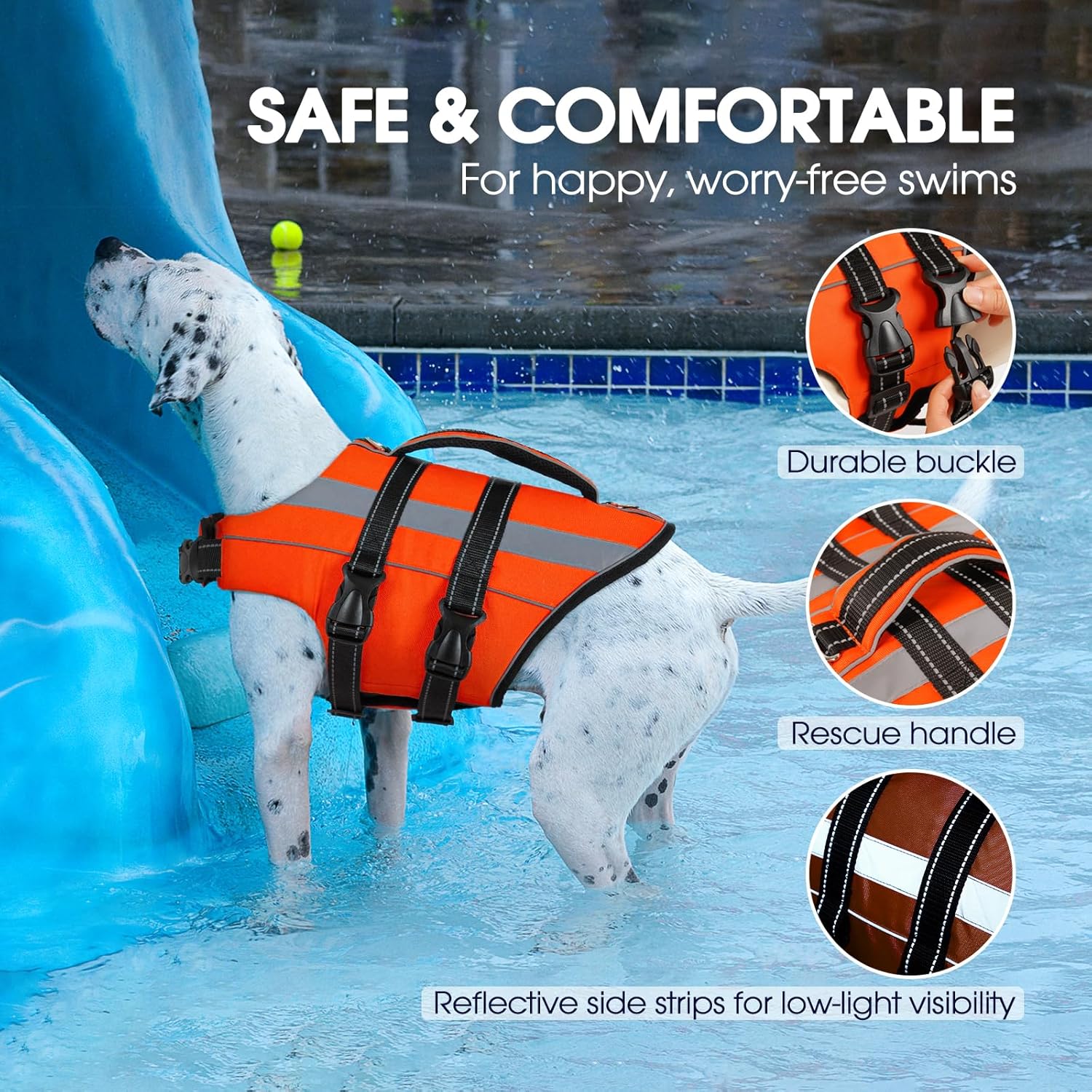 FUAMEY Dog Life Jacket for Extra Large Dogs, Dog Life Vest with Lift Handle, D-Ring Attachment, Adjustable Straps and Reflective Strips for Boating and Water Activities, Orange, XXL