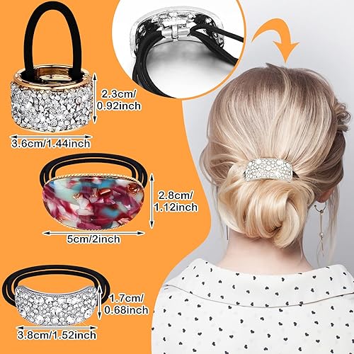 Miniatura 2 de Paquete de 9 pulseras de cola de caballo de metal con diamantes de imitación decorativos para cola de caballo para mujer, banda elástica dorada con
