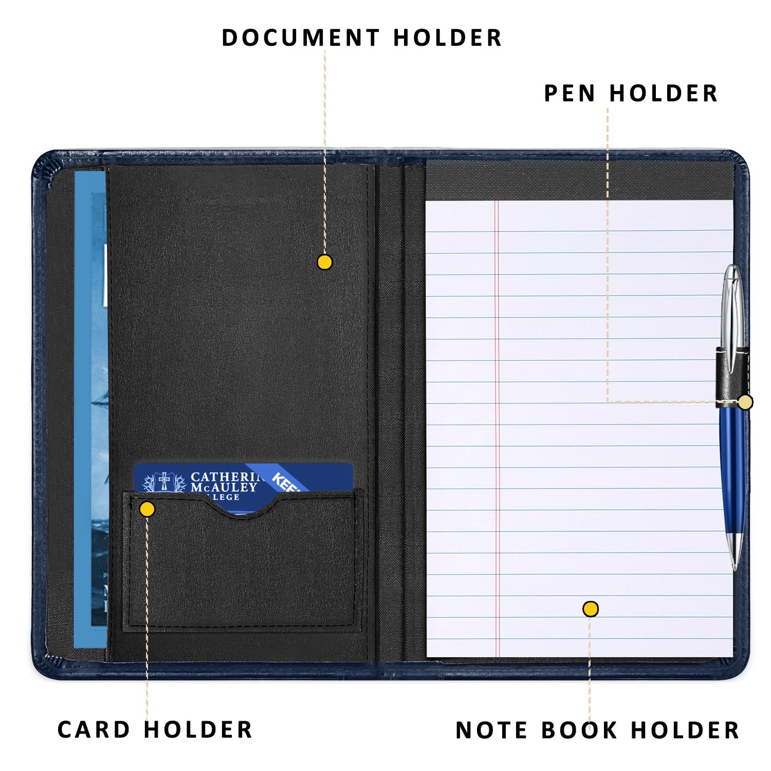 Padfolio-Ordner, A5, Dokumenten-Organizer mit nachfüllbarem, liniertem Notizblock, Junior-Größe, Ordner für Männer und Frauen, Marineblau
