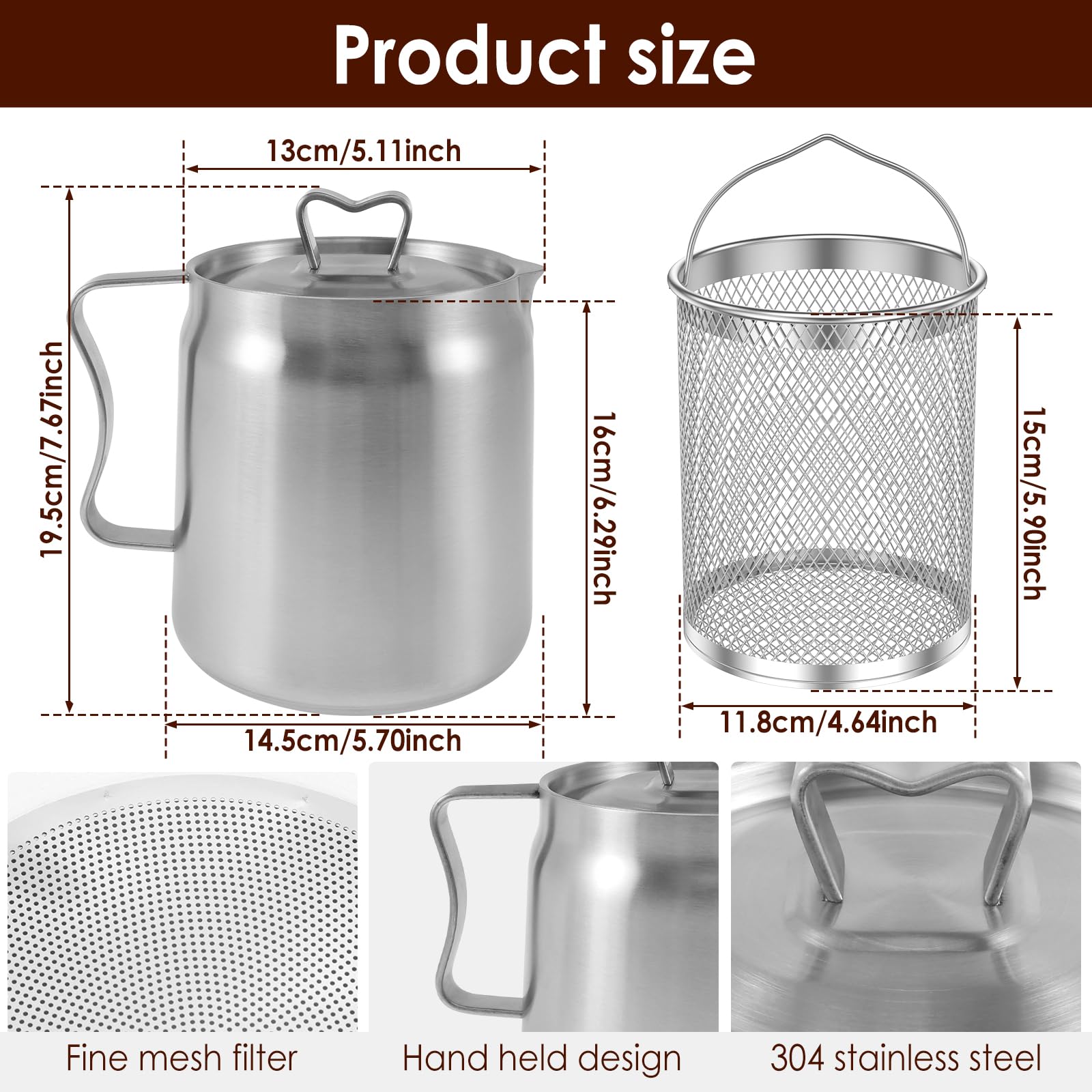 Oil Filter Pot with Basket 2L Stainless Steel Oil Strainer Pot with Lid and Fine Mesh Strainer Oil Storage Can,Bacon Grease Container,Multi-Functional Oil Filter Tank for Kitchen Cooking - Image 2