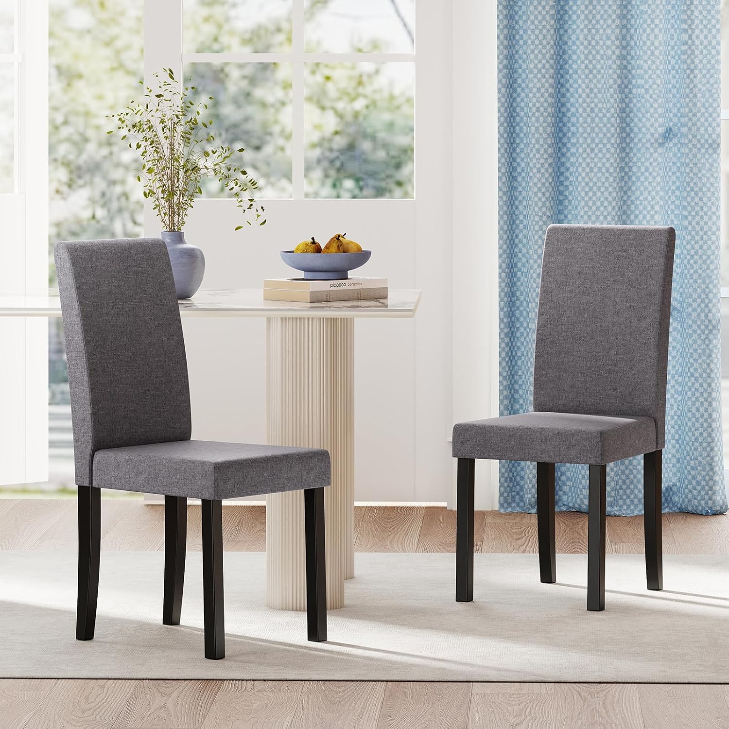 KOTEK Upholstered Dining Chair Set of 2, Mid-Century Modern Kitchen Chairs with Solid Rubber Wood Legs, High Backrest, Armless Side Chairs for Living Room, Dining Room (Dark Grey)