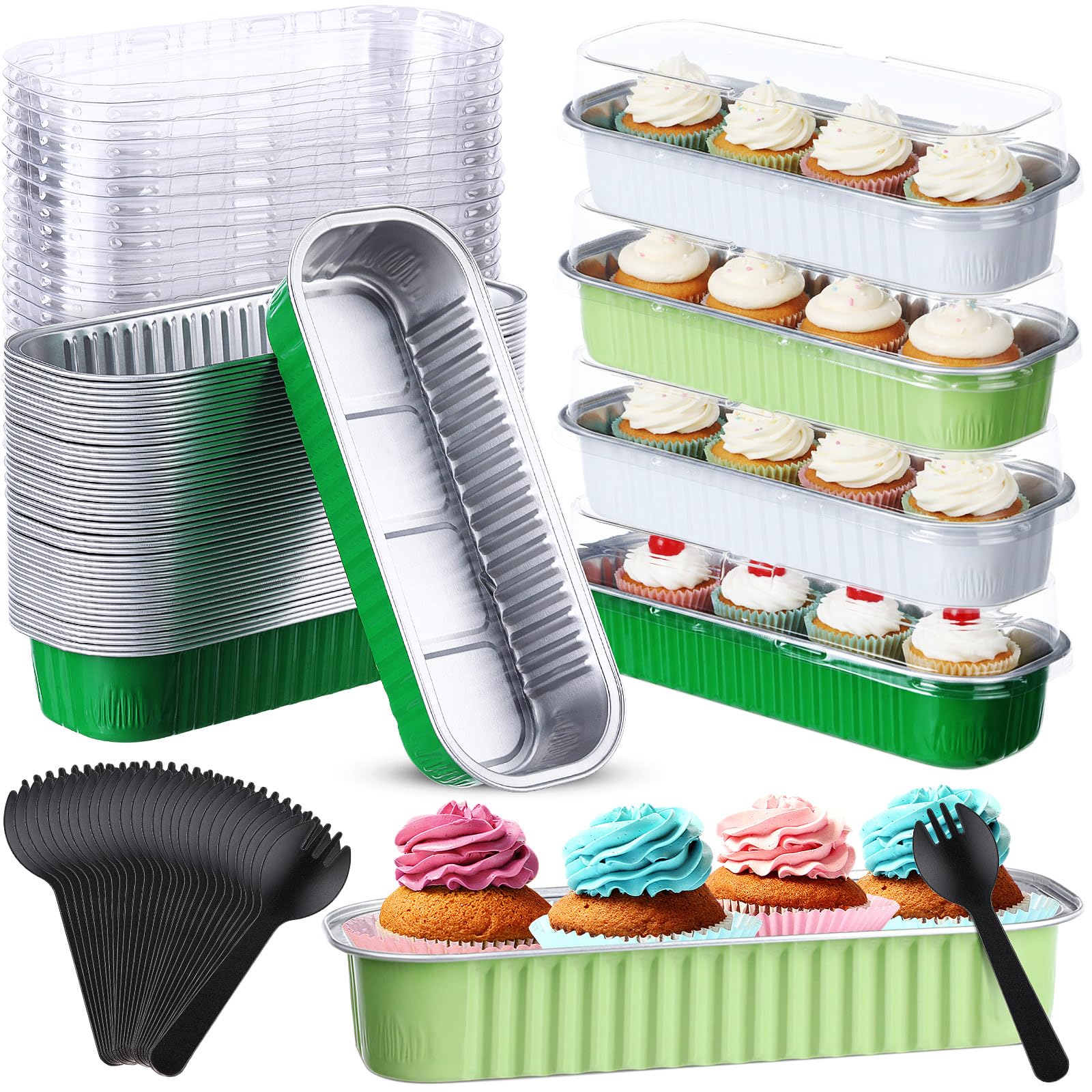 Blushtier 540 mini moldes para pan con tapas y cucharas, 6.75 onzas, moldes rectangulares de papel de aluminio para hornear mini moldes para pan postres (color verde y blanco, estilo rectangular)