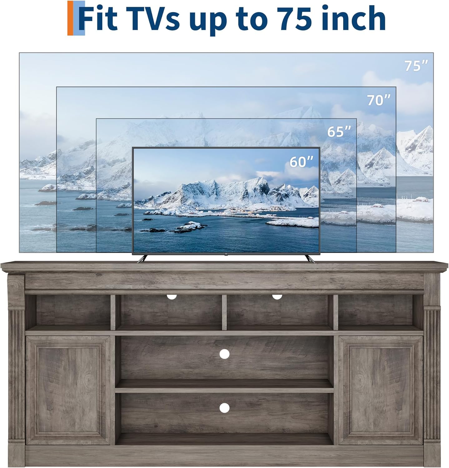 GAOMON TV Stand for TVs Up to 75 Inches, Entertainment Center with Open Storage Shelves and Cabinets, Farmhouse Media TV Console Table for Living Room, Bedroom, Grey