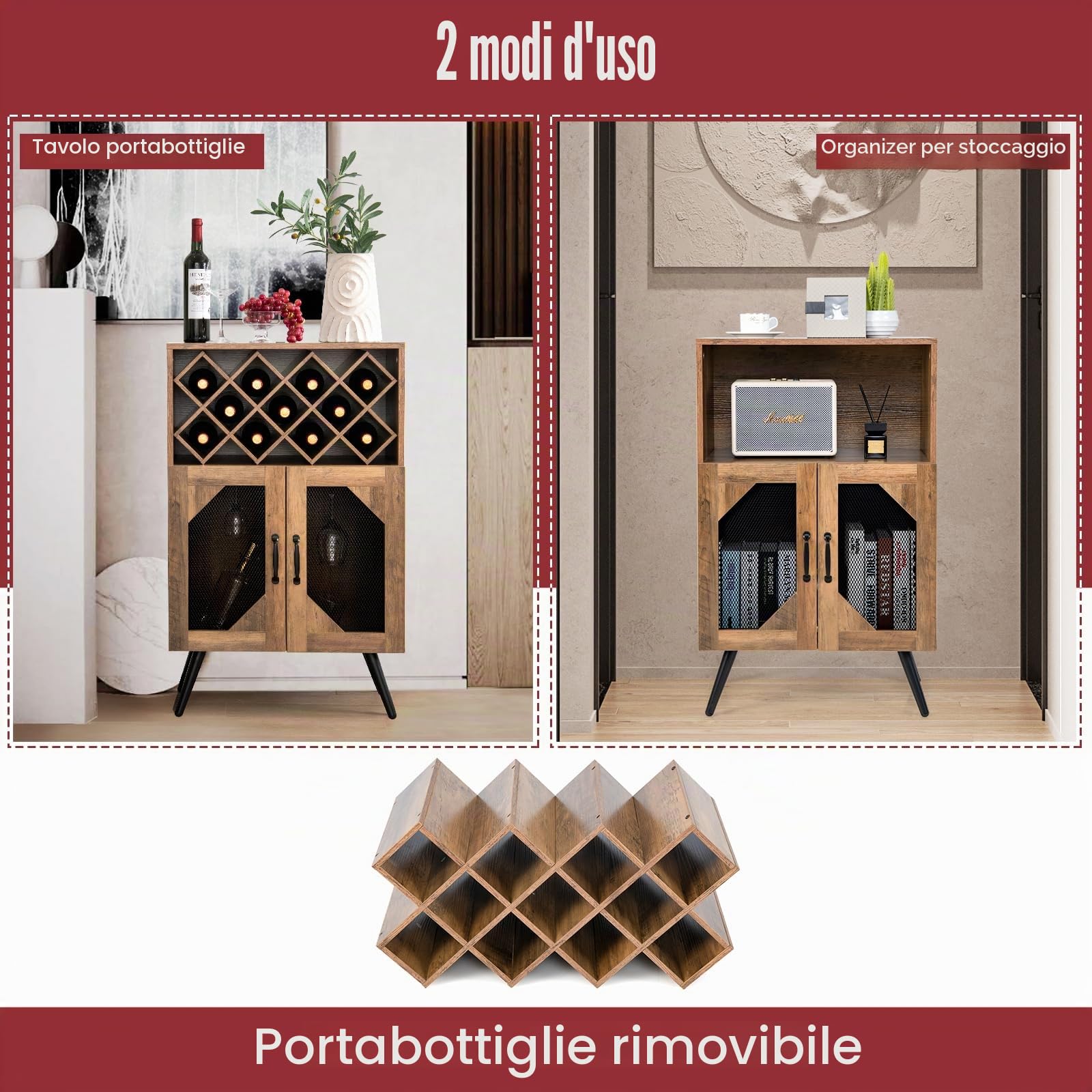 KOMFOTTEU Credenza Cucina Industriale, Cantinetta Vino Legno con Ripiano Estraibile di Bottiglie, 2 Ante in Rete e Dispositivo Antiribaltamento, Mobile a Buffet, Bar, Marrone, 59,5 x 35 x 95,2 cm