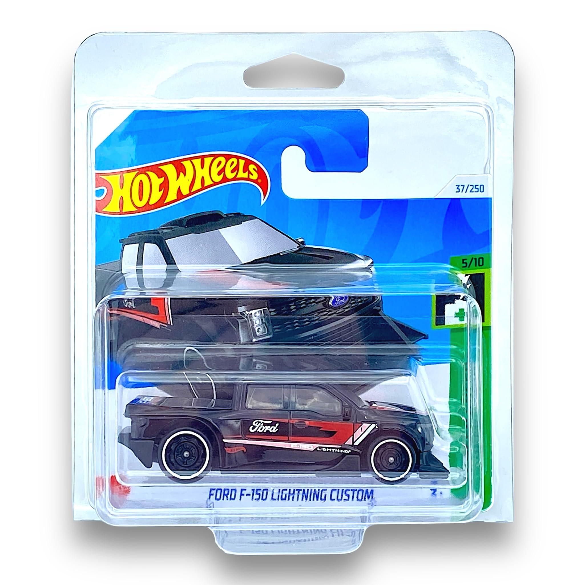 Hot Wheels Ford F-150 Lightning Custom (Black, Red & White) 5/10 HW Green Speed - 2024-37/250 (Short Card) - COMES IN A GENUINE KLAS CAR KEEPER PROTECTOR CASE - HTD01