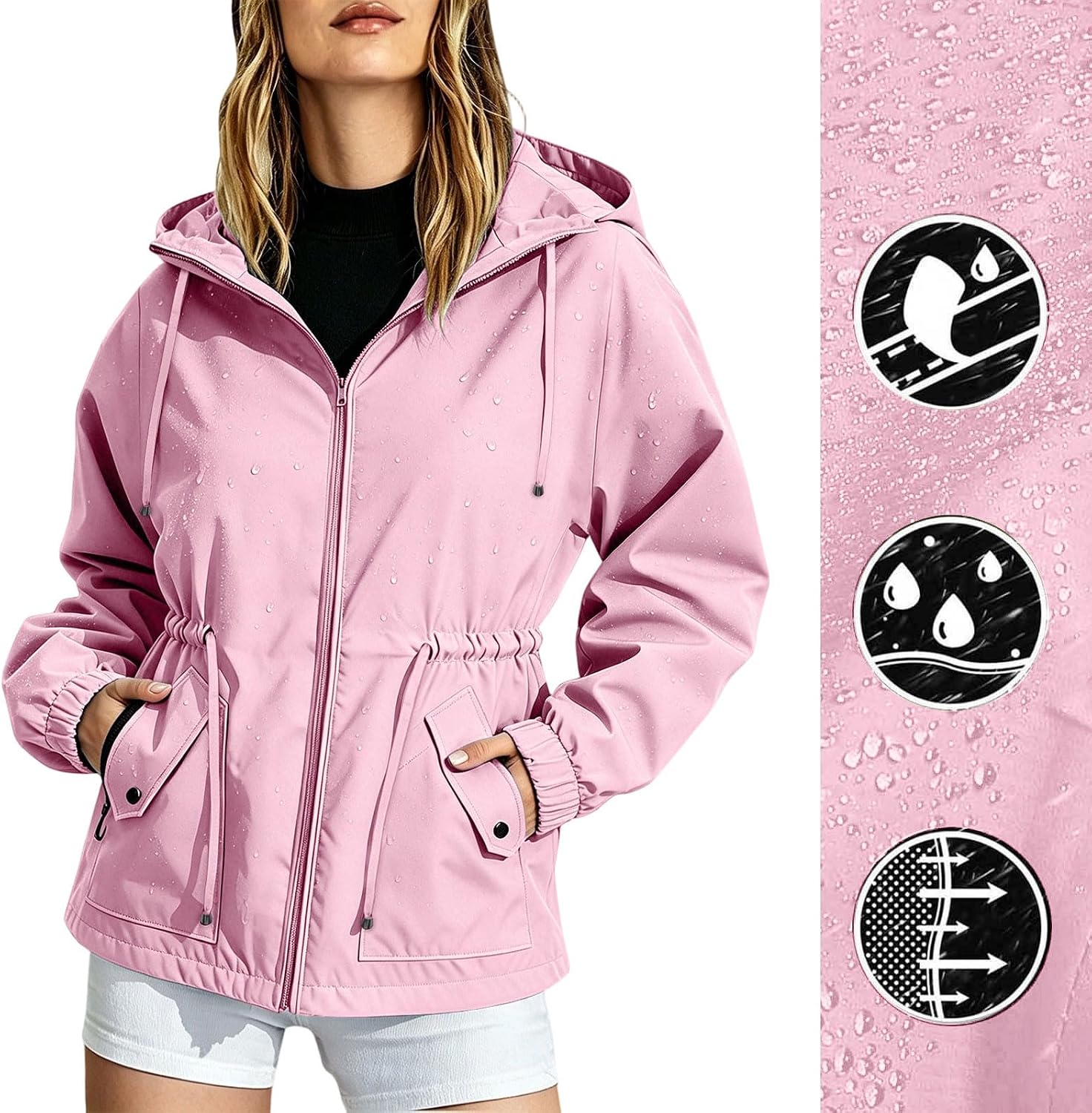 Rain Jacket for Women Waterproof Hooded Windbreaker Coat Outdoor | Women's Zip Up Anorak with Cinch Waist, Snap Flap Pocket, Adjustable Hood for Hiking Camping Travel Fall