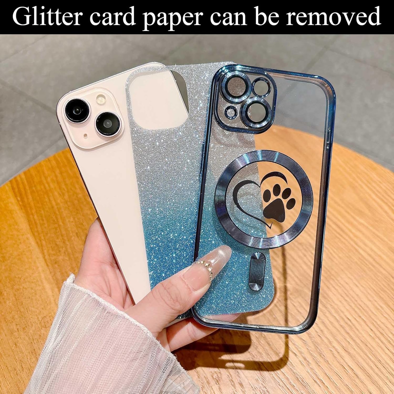 for iPhone 13 Case, Glitter Clear Cute Paw Love Heart, Compatible with MagSafe, Strong Magnetic Full Camera Lens Protection Cover, Soft Slim Bling Phone Case 6.1" - Blue Blue for iphone 13 6.1" (2 Lenses)