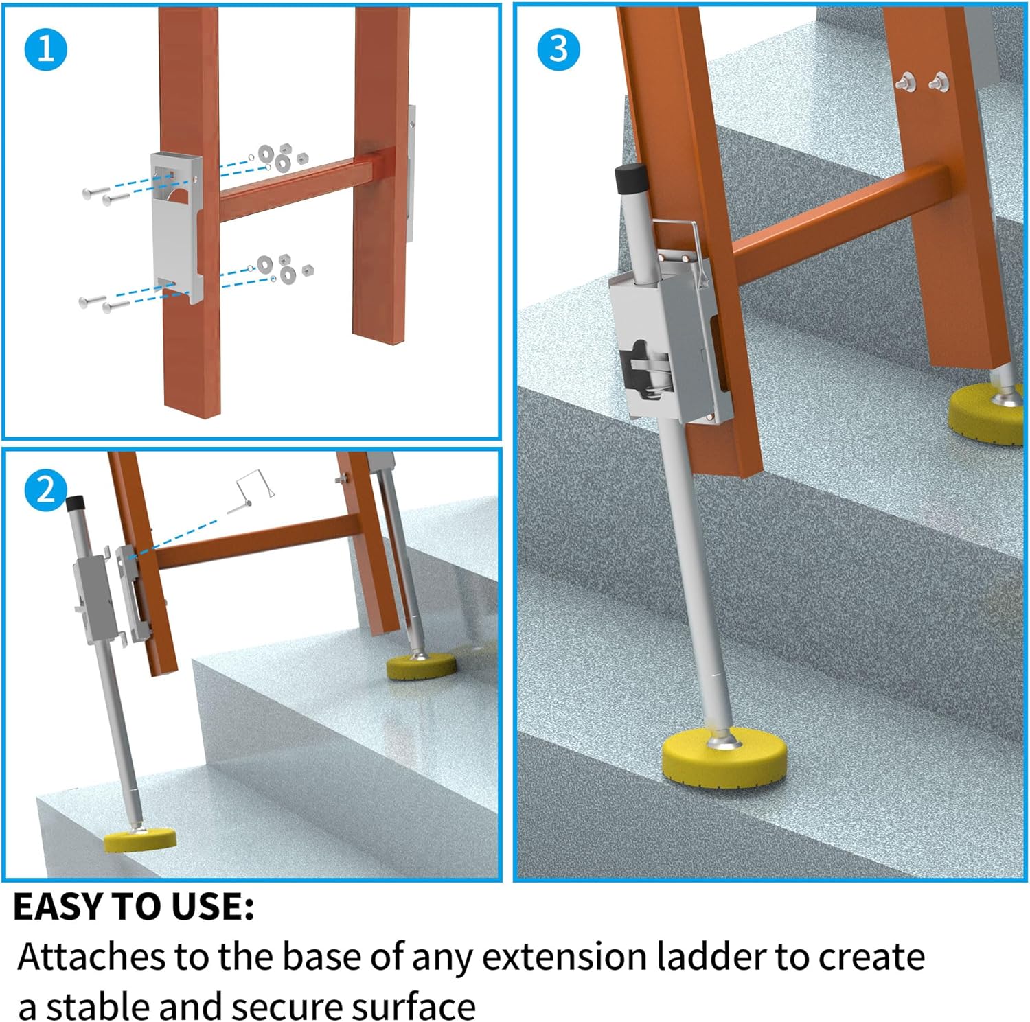 Ladder Stabilizer,Ladder Leveler Pair with Anti-Slip Rubber Feet, Adjustable Extension Ladders Leg Ground Leveler, with Anti-Slip Pattern Steel Pole