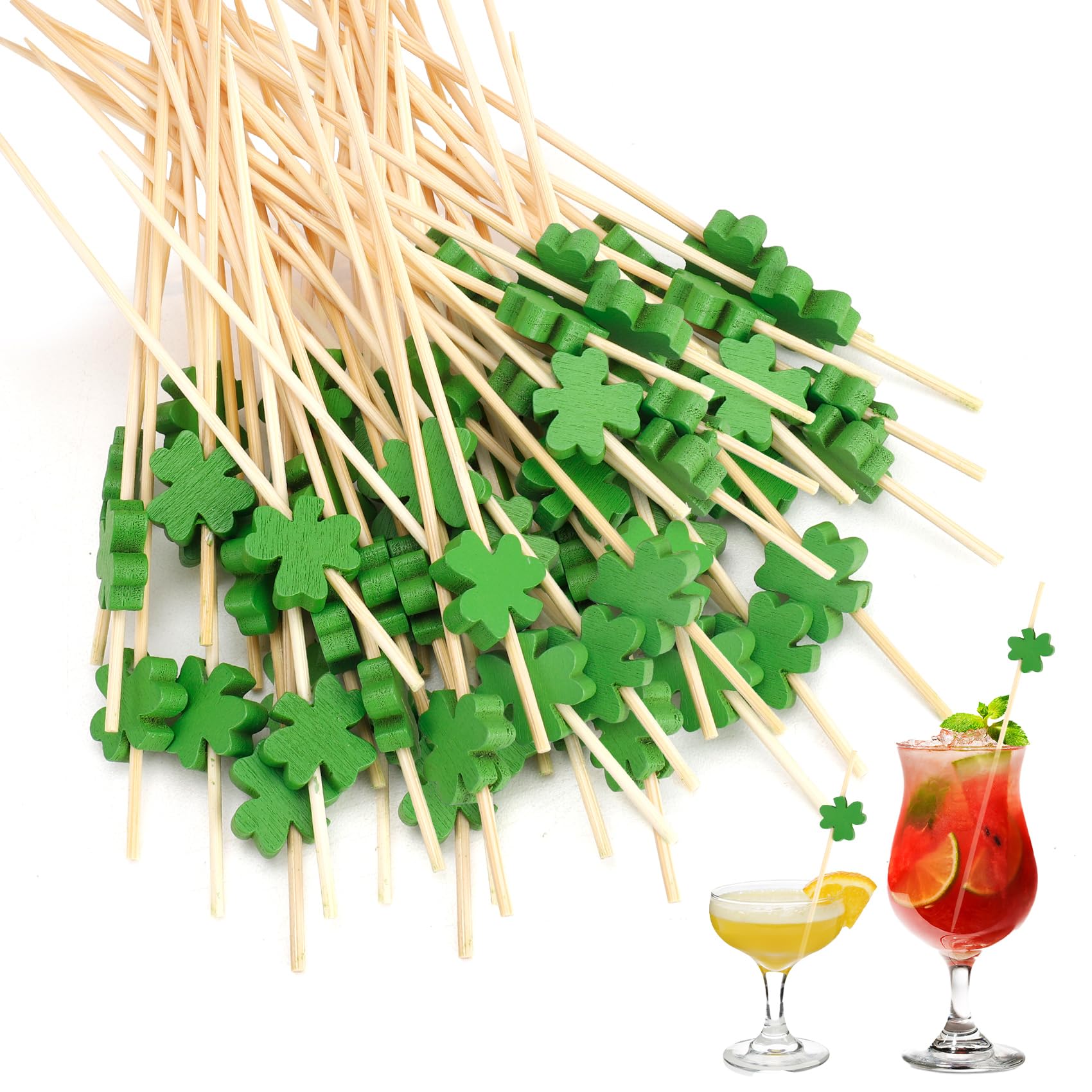 St Patricks Day Cocktail Picks, 100 PCS Shamrock Toothpicks for Appetizers, 4.72 Inch Clover Fancy Picks for Food, Bamboo Food Skewers Drink Dessert for St. Patrick's Day Party Decoration Supplies