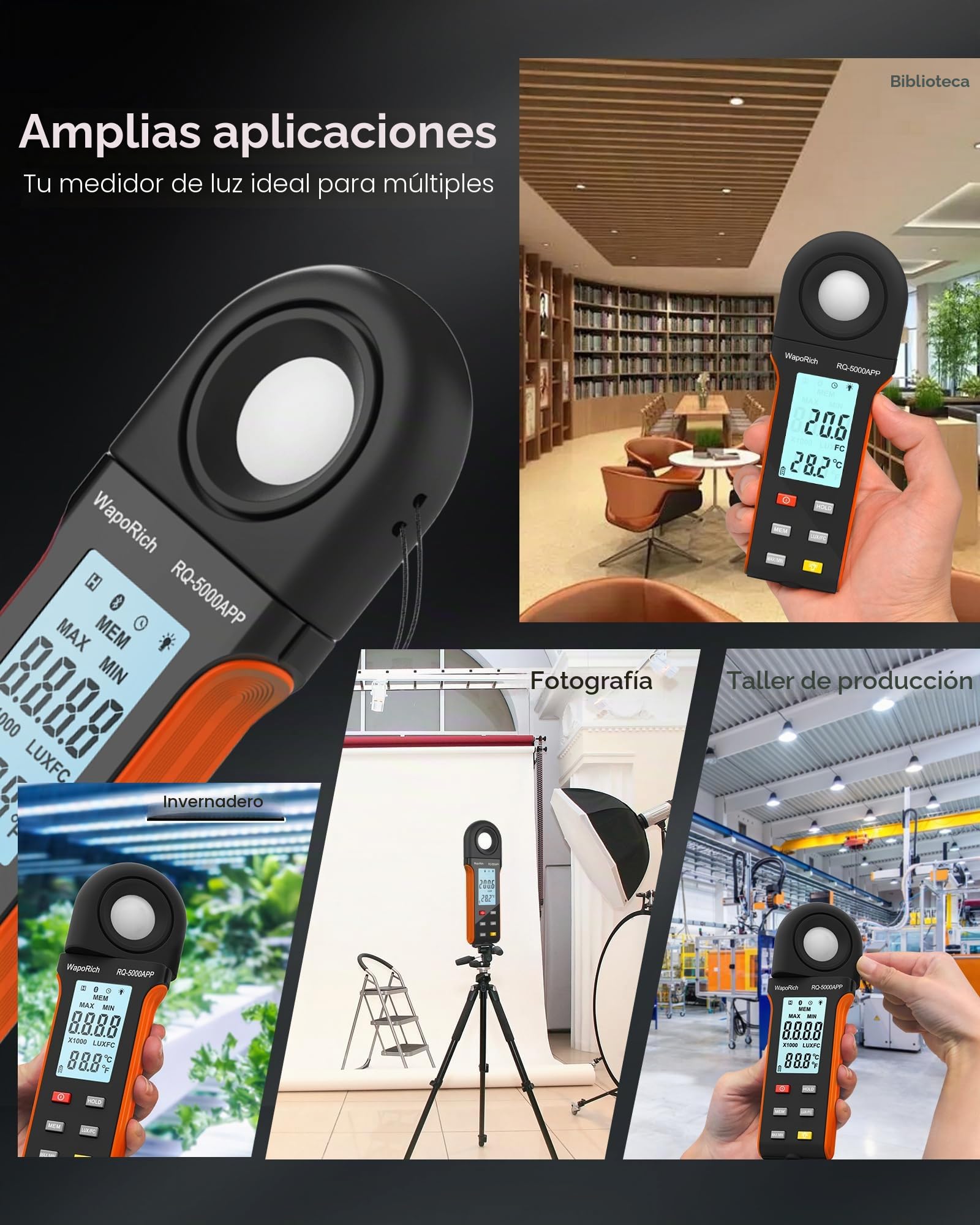 Luxometro Bluetooth Medidor de Iluminacion, WapoRich Medidor de Luz Digital 1~400.000 lux (1~40.000 FC) Luxómetro Portátil con Sensor Giratorio de 270º y Temp Ambiente (℃/℉) para Plantas RQ-5000APP
