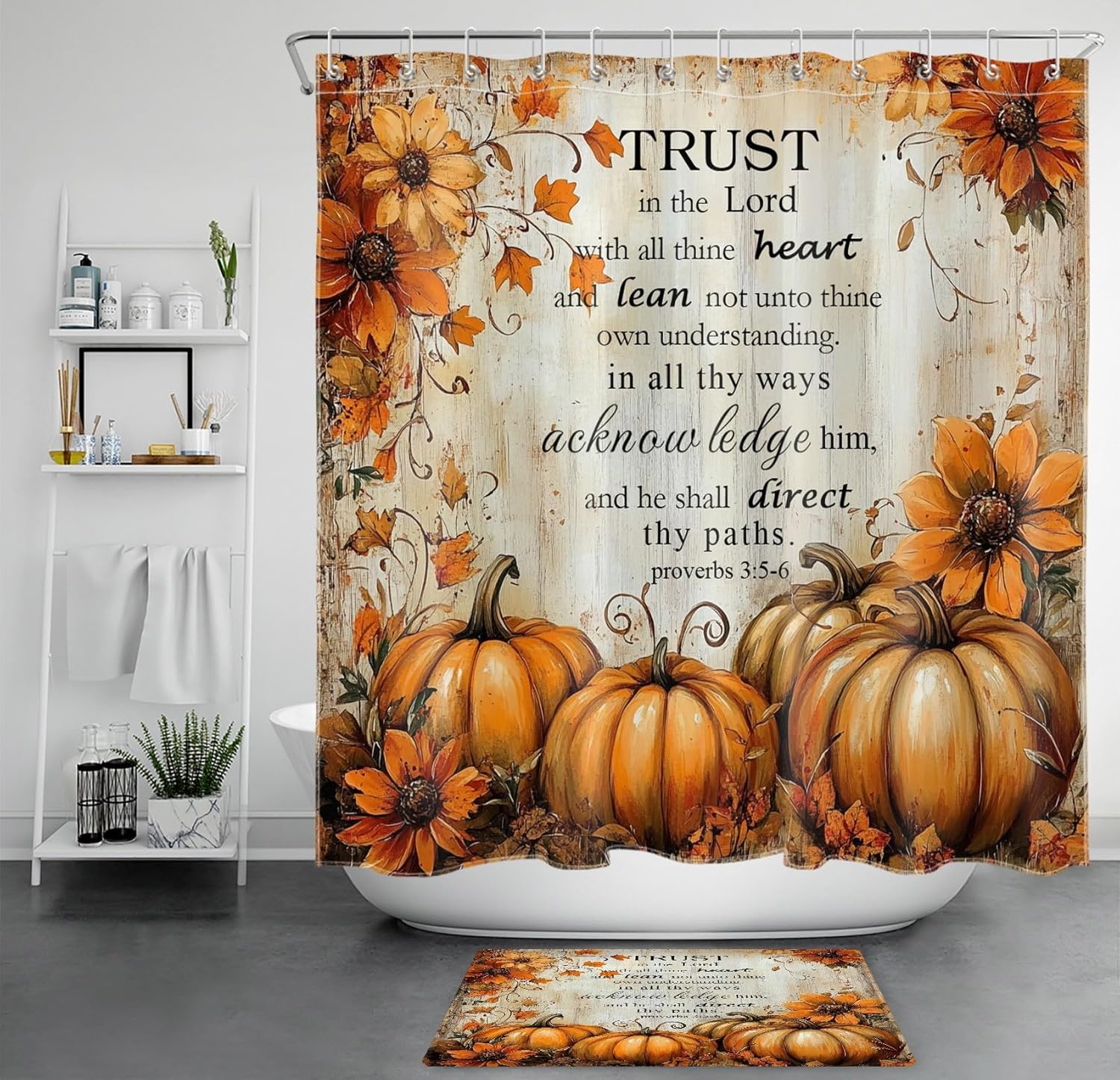 EOBTAIN Fall Pumpkin Shower Curtain Set Rustic Vintage Floral and Orange Plant Bathroom Curtains Shower Set Inspirational Bible Verse 72x72 Washable Fabric Bath Curtain with 24x16 Bathroom Rugs Decor