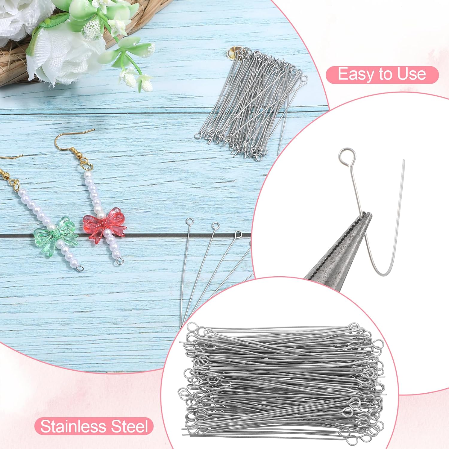 200pcs 2 Inch Stainless Steel Eye Pins for Jewelry Making Silver Open Eye Pins Eyepins Silver Head Pin Headpins for DIY Earring Necklace Jewelry Making (50mm)